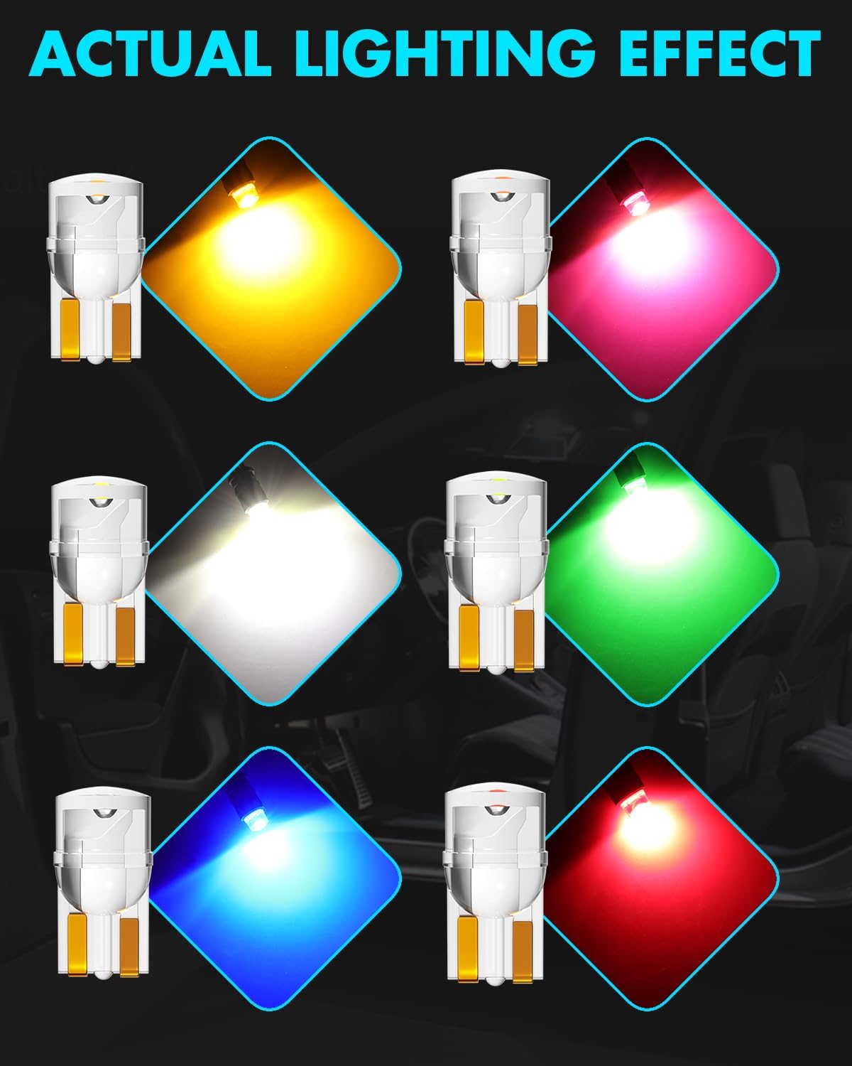 Alopee 30-Pack Acrylic 194 LED Light Bulb, 12V T10 Wedge Base, Multicolor | 168 2825 W5W Replacement Bulbs for Car Gauge Cluster, License Plate, and Marker Lights