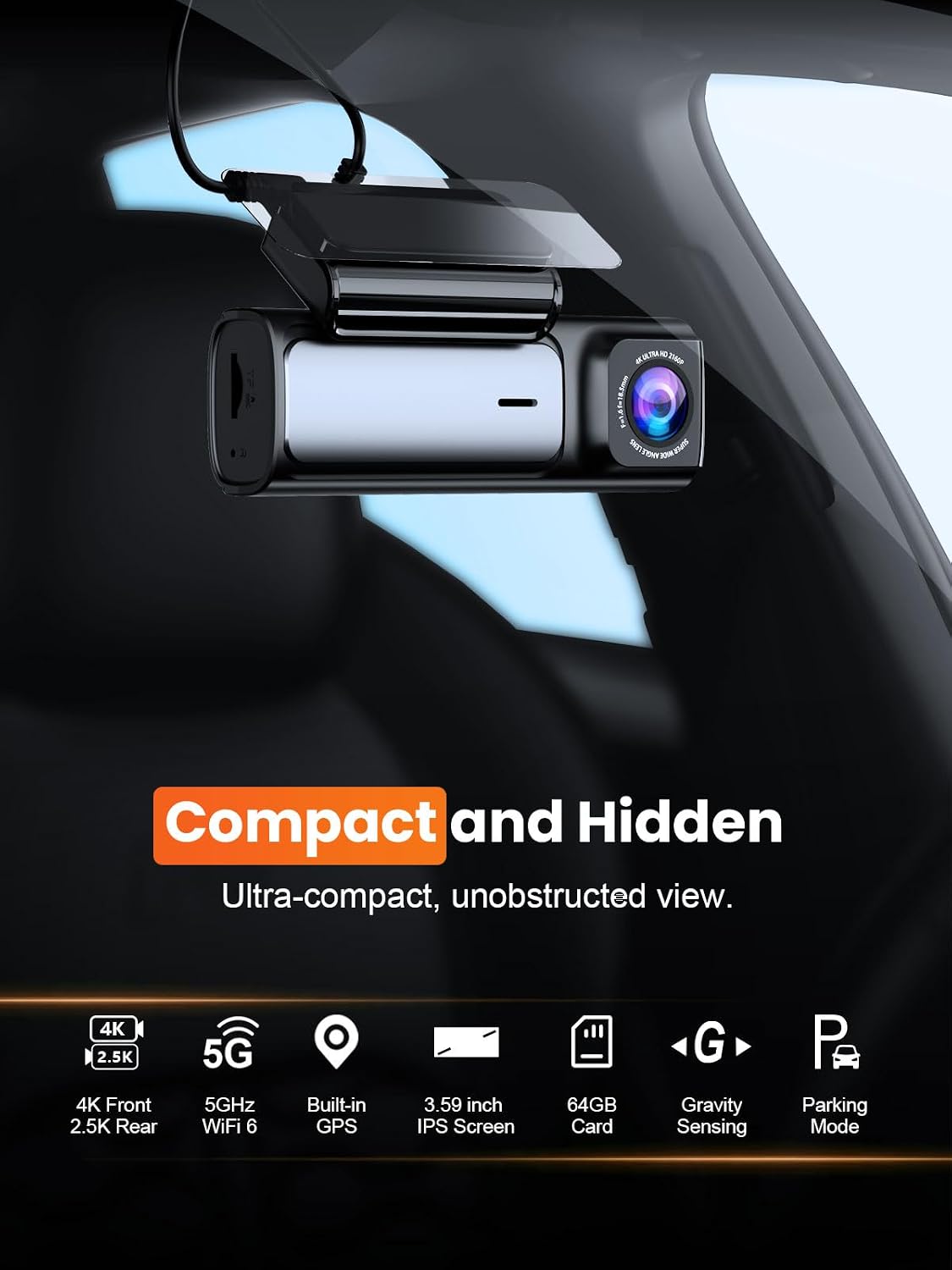 affver 4k+2.5k dash cam front and rear, built-in, close-up detail