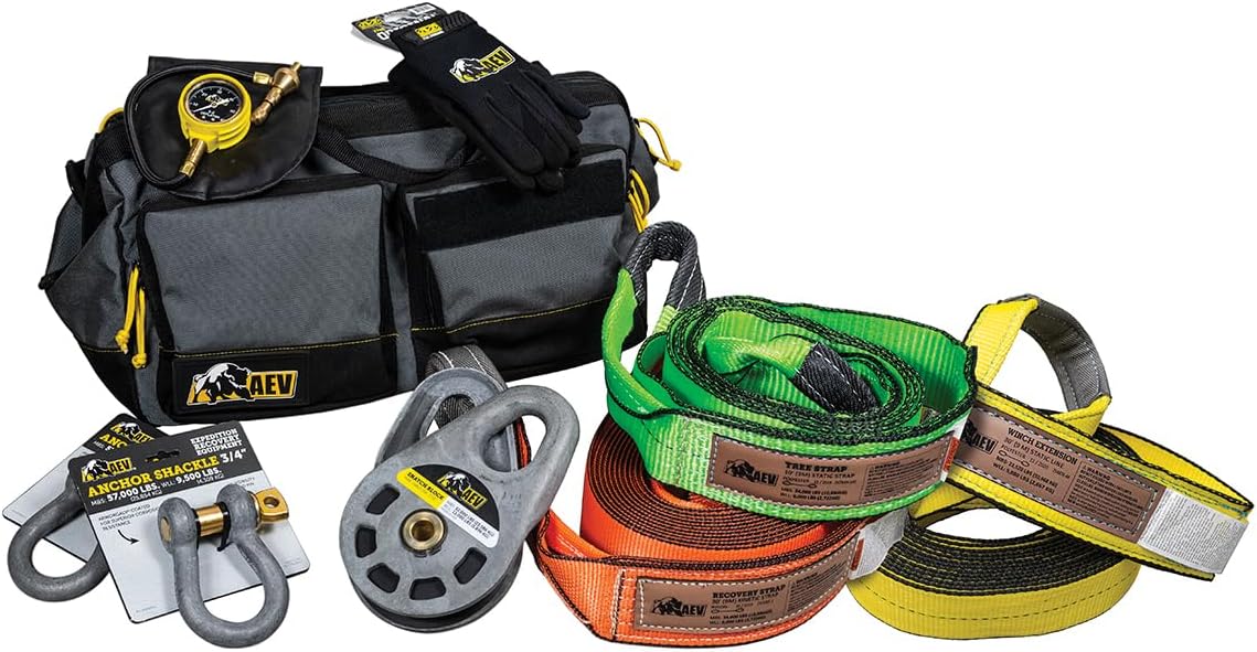 AEV Mid-Size Trail Recovery Kit for Off-Road Vehicles Includes Snatch Block + Recovery Strap + Tree Saver + Winch Extension Strap + Gloves + Tire Deflator + Anchor Shackles + Recovery Bag