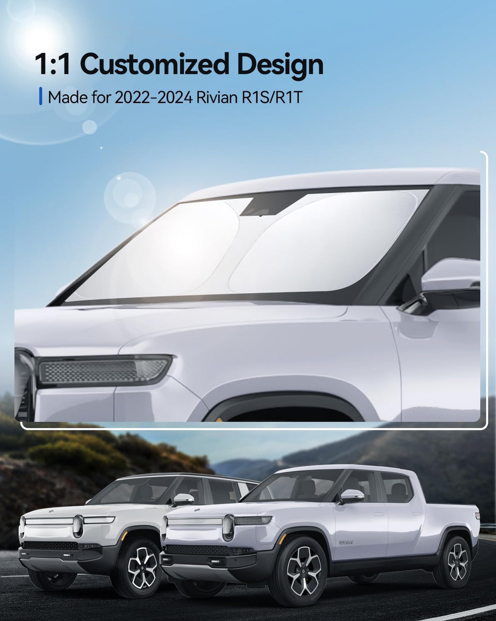 Windshield Sunshade for 2022 2023 2024 Rivian R1S/R1T Accessories Foldable Sun Shield Block UV Rays with Dual-Silver Coating& Nano Ice Crystal Cooling Keeps Car Interior Cool& Protected