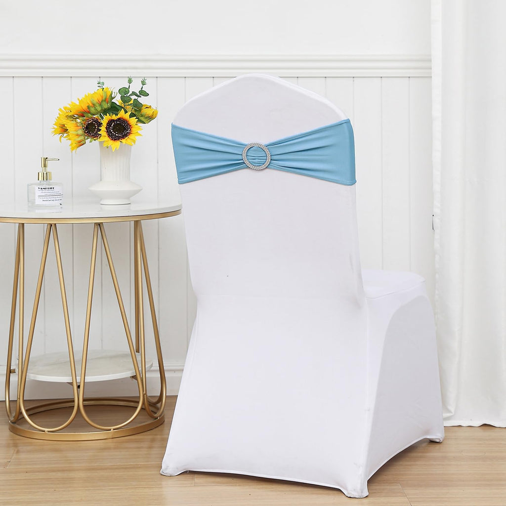 50 Pack Spandex Baby Blue Chair Sashes Bows Stretch Elastic Light Blue Chairs Bands with Buckles Ties for Party Celebration Ceremony Events Wedding Decorations