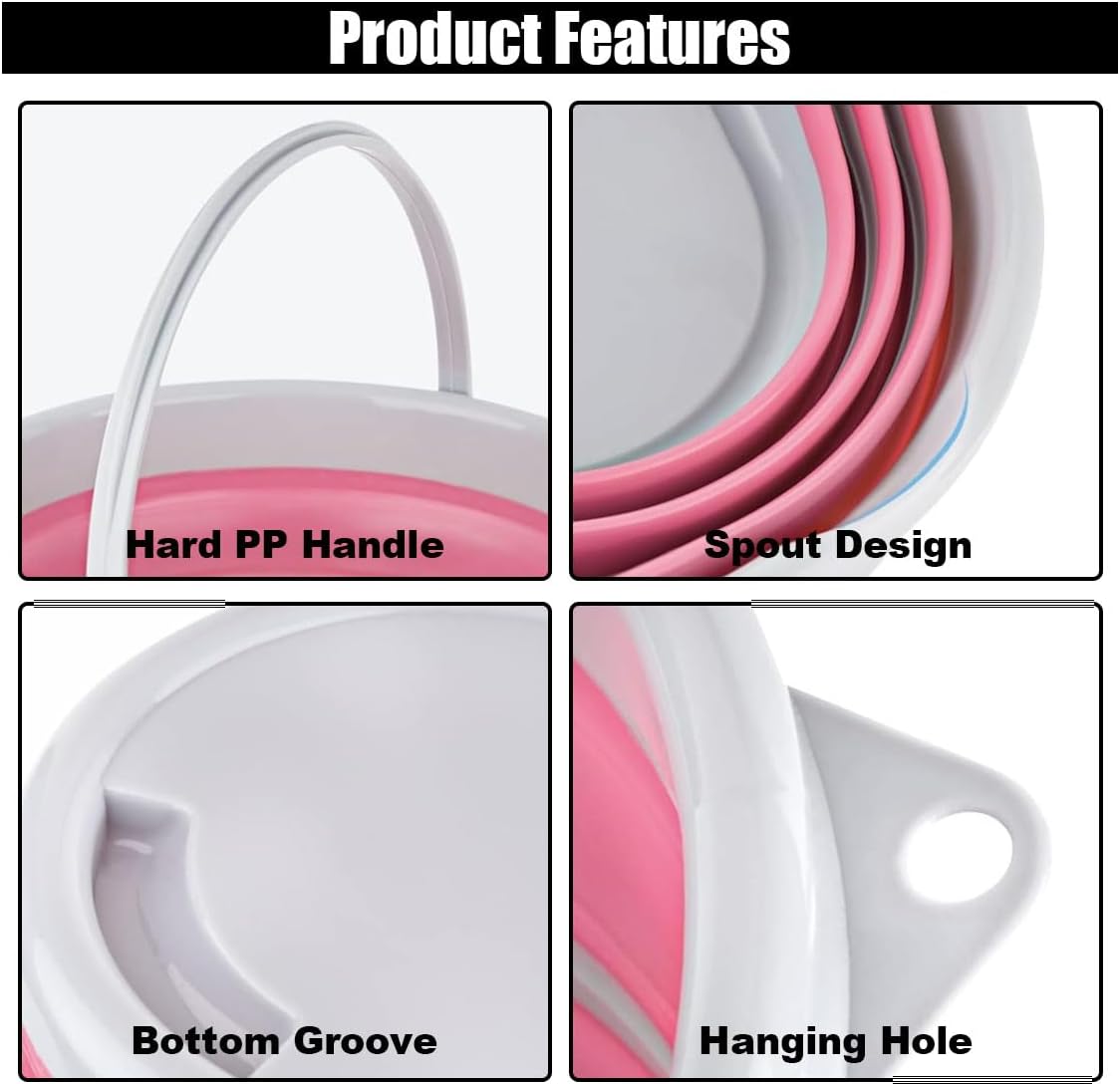 GLSOWEE Car Collapsible Bucket, 10L 2.6 Gallon Folding Bucket Auto Cleaning Plastic Water Bucket, Foldable Portable Bucket Space Saving for Indoor Outdoor Car Wash Garden Camping (Pink)