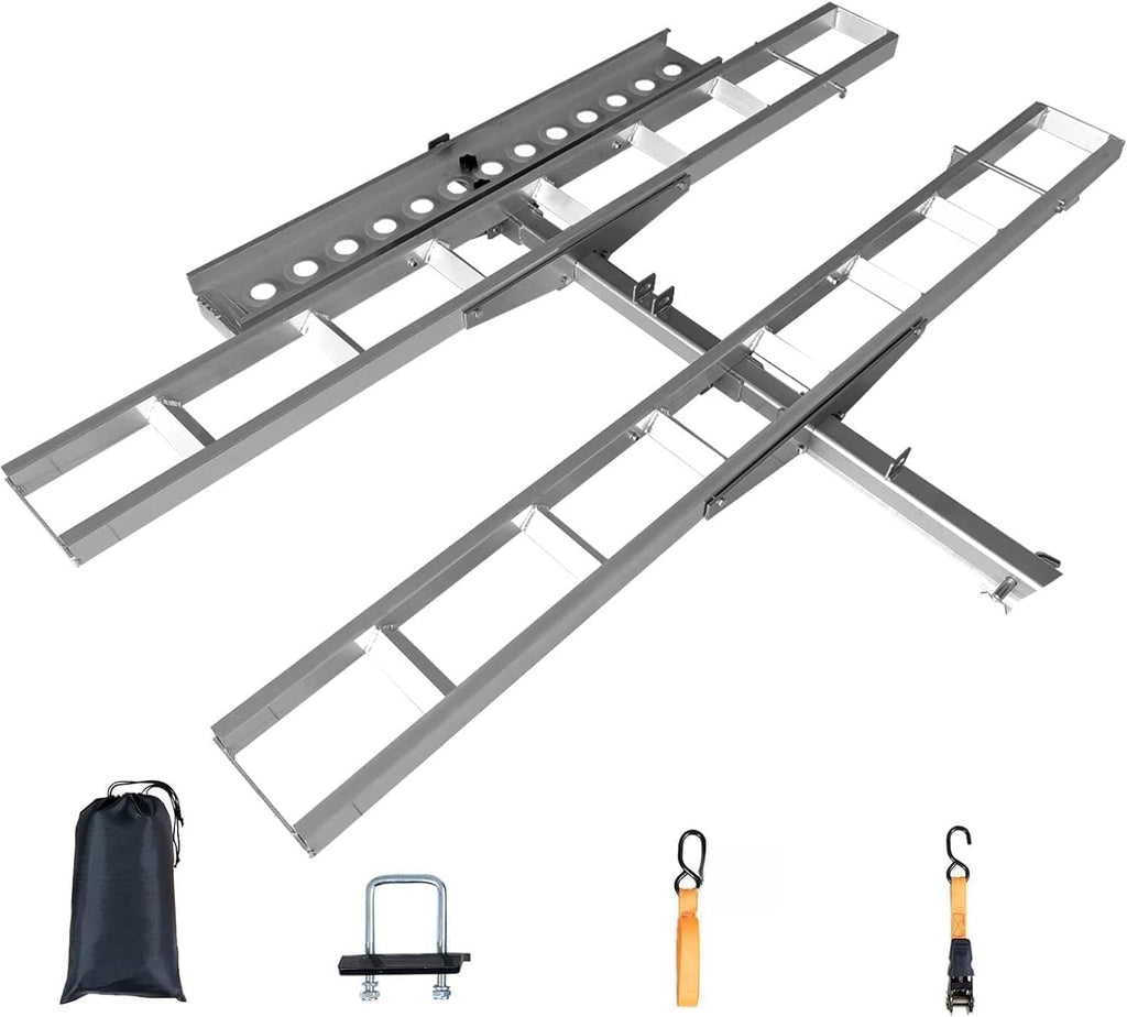 600 lbs Professional-Grade Motorcycle Hitch Carrier – 2 Inch Receiver Hitch Mount, Anti-Wobble Stabilization, Non-Slip Ramp, Tie-Down Straps, Dirt Bike & Motorcycle Trailer Transport