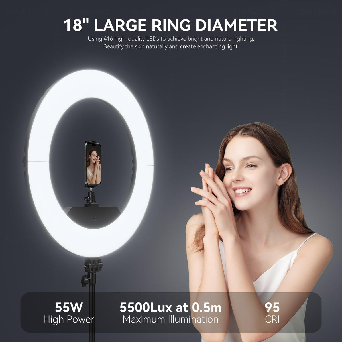 18 inch ring light kit, 55w6700k dimmable led, close-up detail