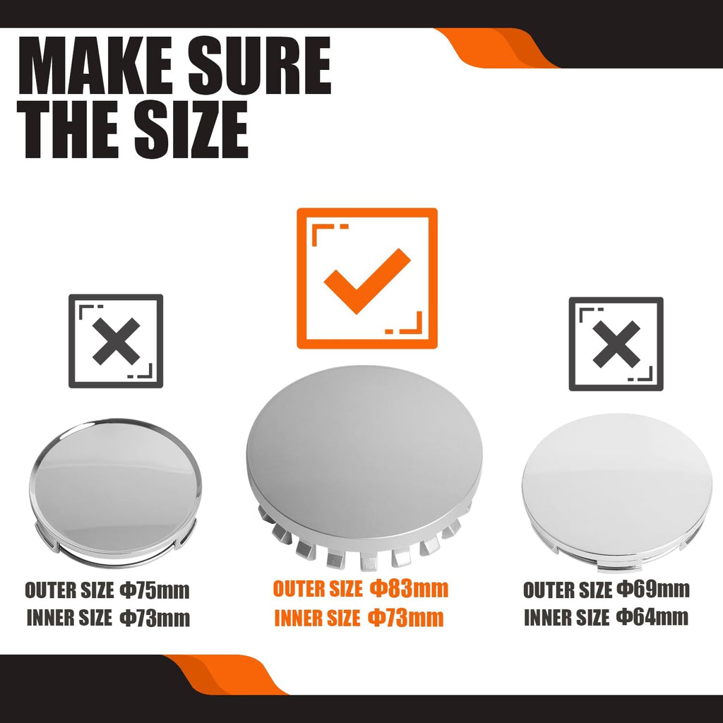 3.25Inch 83MM Wheel Center Caps for Chevrolet Chevy GMC Colorado Tahoe Suburban Silverado Sierra 1500 Rim Hub Caps, Pack of 4 (Silver, Outer 83MM, Inner 73MM, Easy DIY Installation)