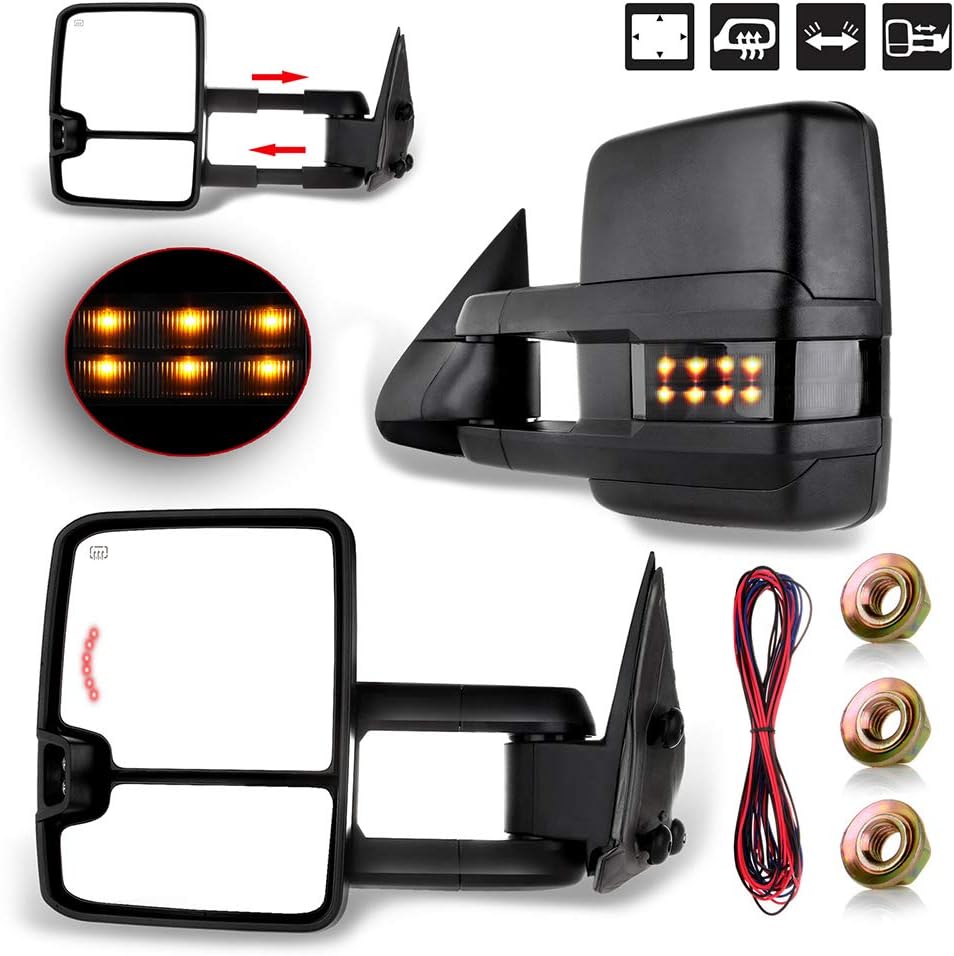 A Pair Heated Towing Mirrors Fits 1999-2002 for Chevy Silverado for GMC Sierra 1500/2500, Power Adjusted View Mirror with LED Turn Signal Light