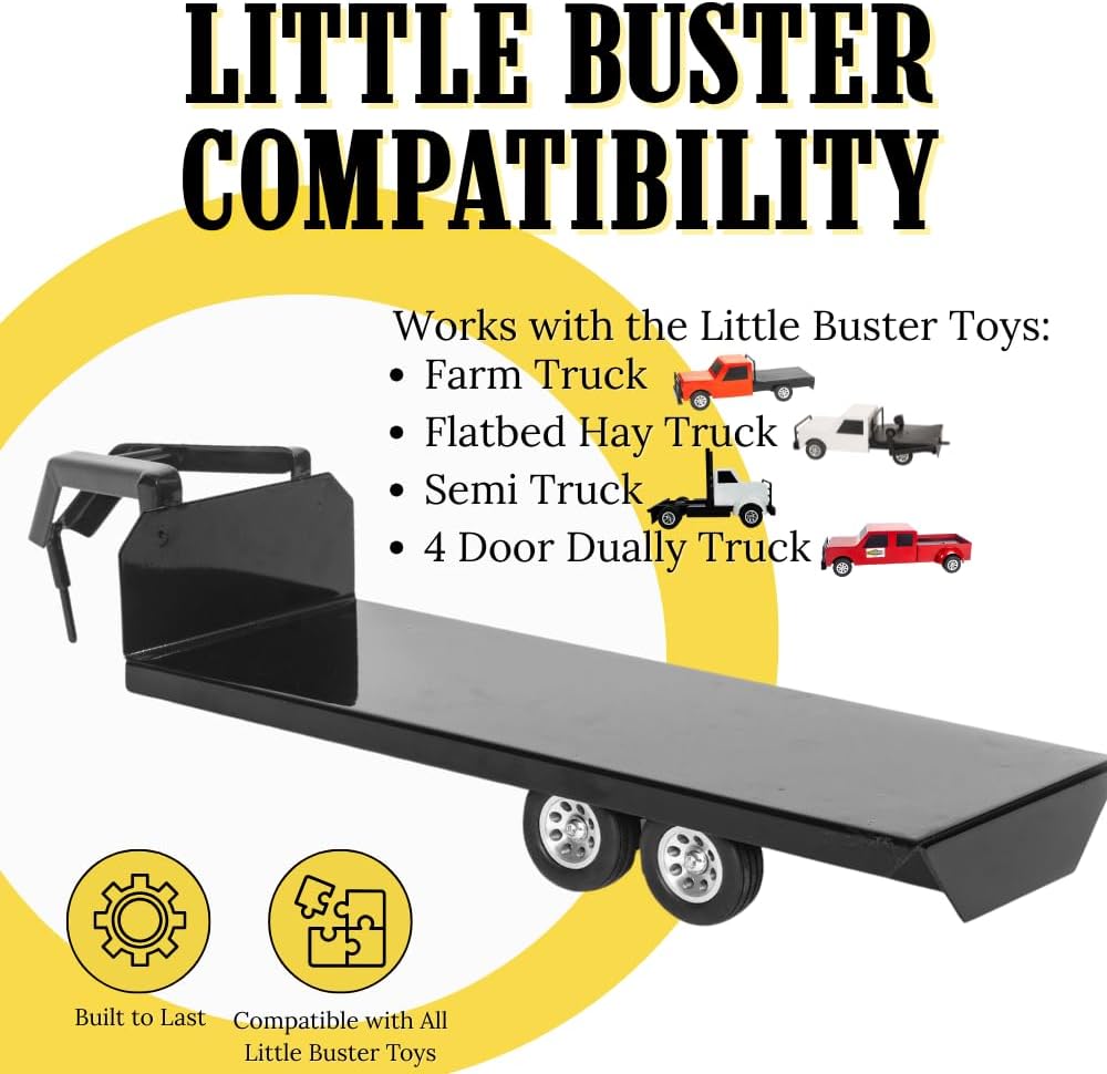 Little Buster Toys Gooseneck Flatbed Trailer – All-Metal 1:16 Scale Black Ranch Hauling Accessory for Farm Displays, Dioramas & Collectible Western Scenes – Durable Metal Trailer with Rubber Tires