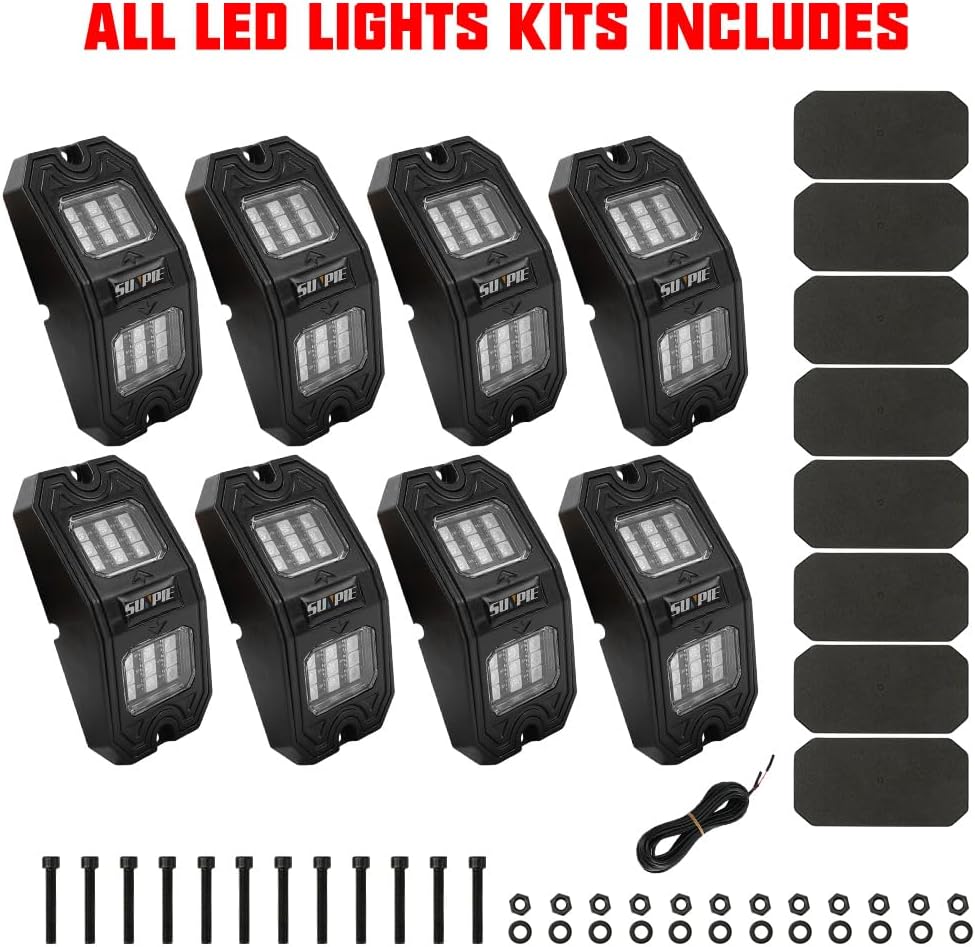 SUNPIE 8 Pods Quick Connect Red Rock Lights, 18 Wide Angle Chips, 4M Extension Wires Each Light, Mounting Pads, IP67 Waterproof, Fits for Trucks Trailer SUV ATV UTV