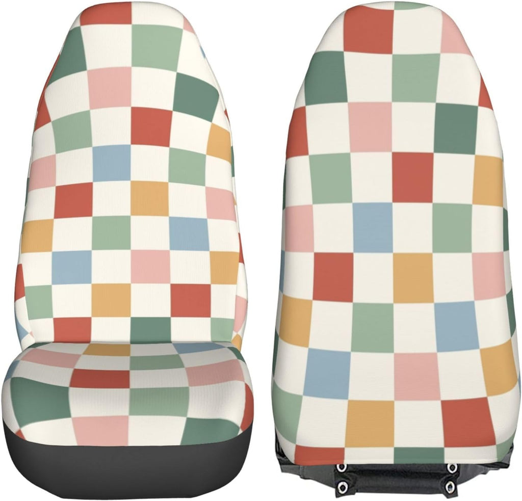 rainbow checkerboard retro car seat covers universal 2, close-up detail