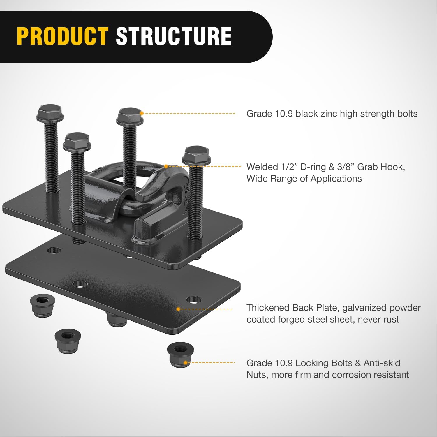 Nilight 2PCS Tractor Bucket Hooks with Tie Down Ring, Bolt-On Grab Hook with Back Plates Compatible with Trailer RV UTV Truck, Grade 70 Grade Forged Steel Max 15000 lbs, Black (Pack of 2)