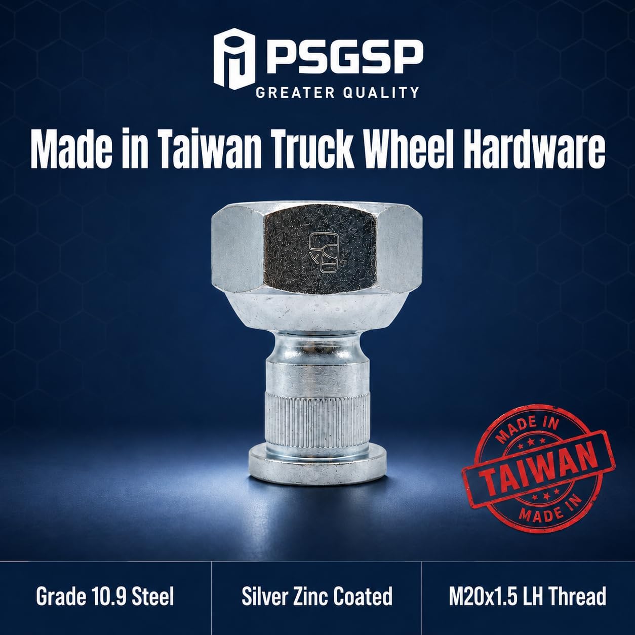 6-Lug Front Wheel Nuts & Studs Set, M20 x 1.5 Left-Hand Thread, Isuzu NPR NPR-HD NQR NRR Reach, GMC Chevy W3500-W5500, Ball Seat, Steel Wheels Only, Made in Taiwan