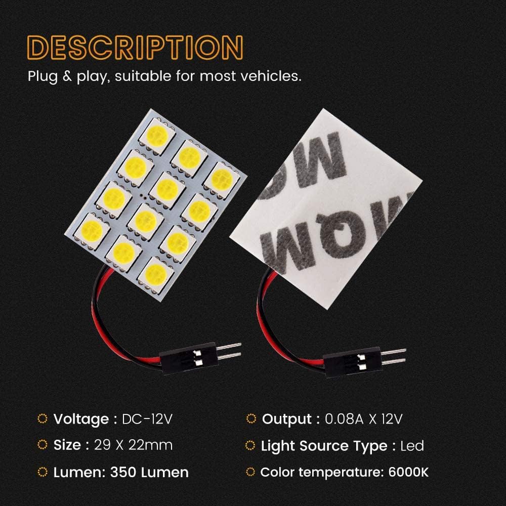YM E-Bright Led Dome Light Panel Interior Car Lights Dome Light Map Lights with T10 194/BA9S 1895/211-2 578 DE3175 Led Festoon Adapters White, Pack of 6