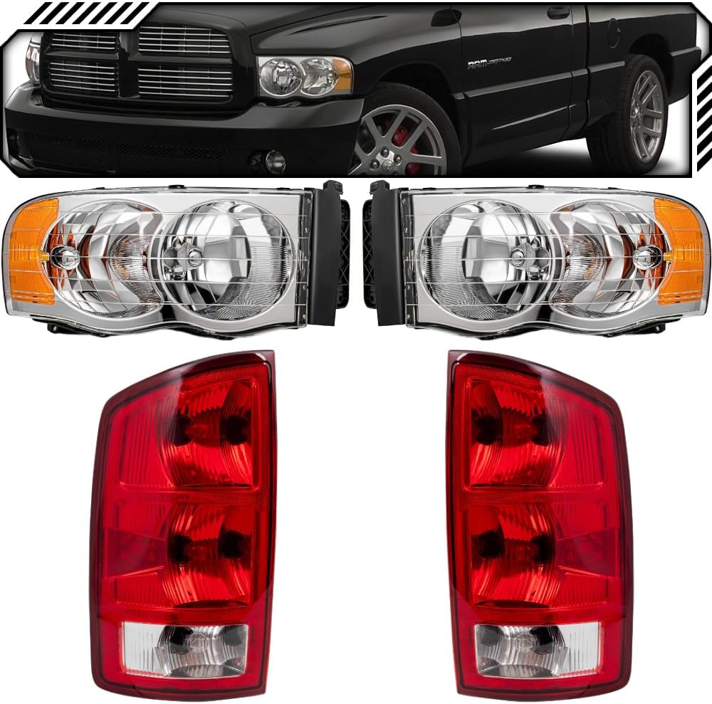 EPIC LIGHTING OE Fit Halogen Headlights Tail Lights Compatible with DGE 02-05 RAM 1500 03-05 RAM 2500 3500 [ 55077121AG 55077121AE 55077347AD 55077347AF ] Combo 4-Piece