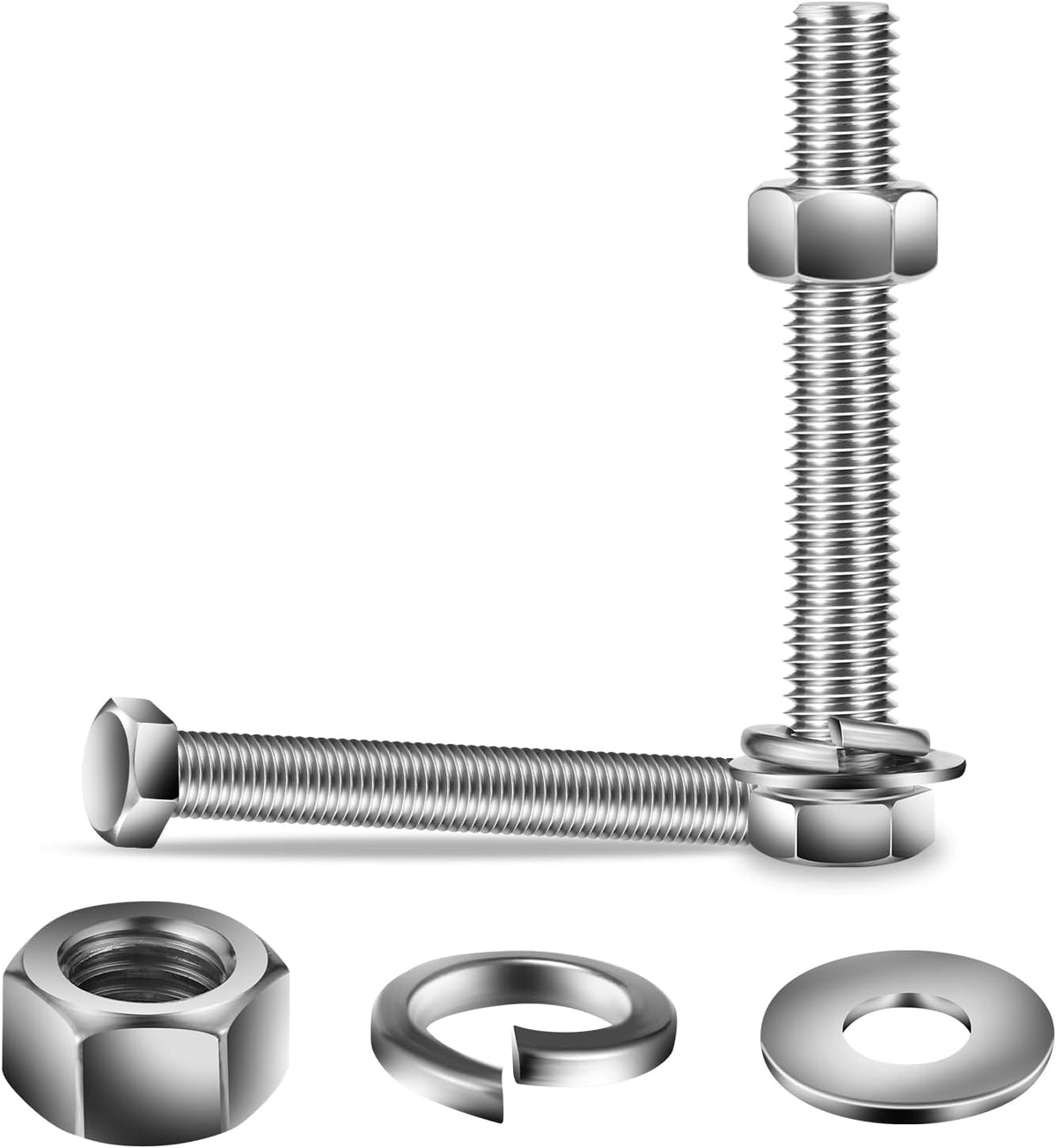 1/2-13 x 6" Hex Head Screw Bolt, Flat & Lock Washers, Fully Threaded, by SG TZH