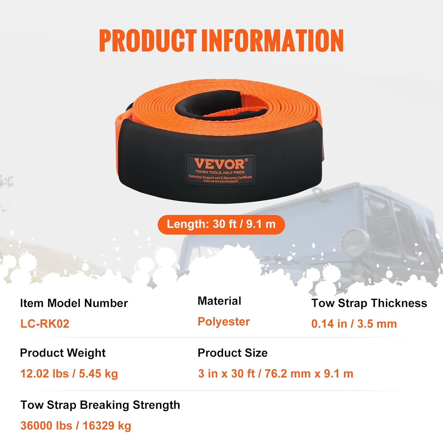 VEVOR Heavy Duty Tow Strap Recovery Kit 3" x 30 ft (MBS-36,000 lbs) Tree Saver Winch Strap, Triple Reinforced Loop & Protective Sleeves & Storage Bag, 3/4" D-Ring Shackles, for Truck Jeep SUV ATV