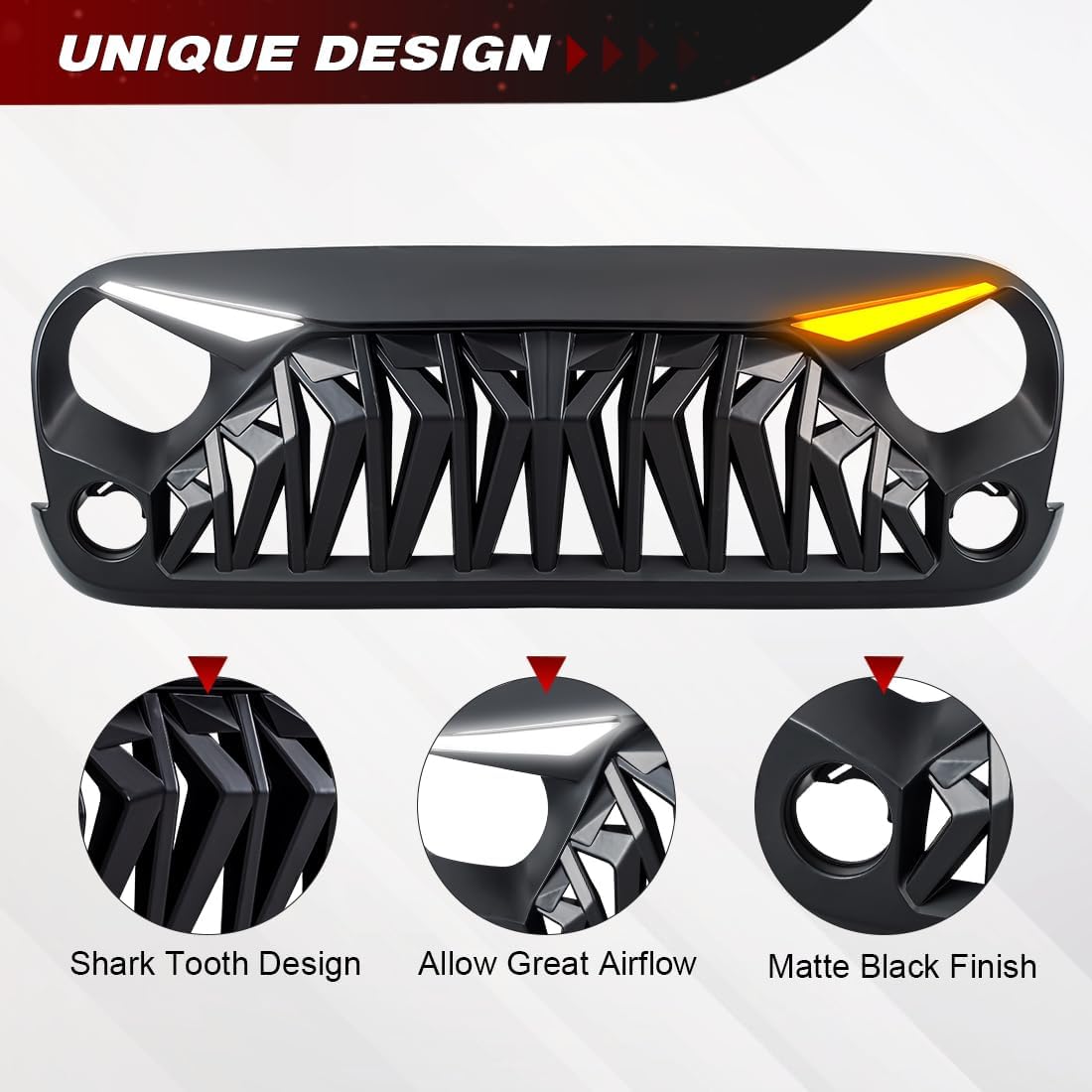 Front Grill Compatible with 2007-2018 Jeep Wrangler JK JKU, Shark Grille w/DRL Turn Signal Lights, Matte Black