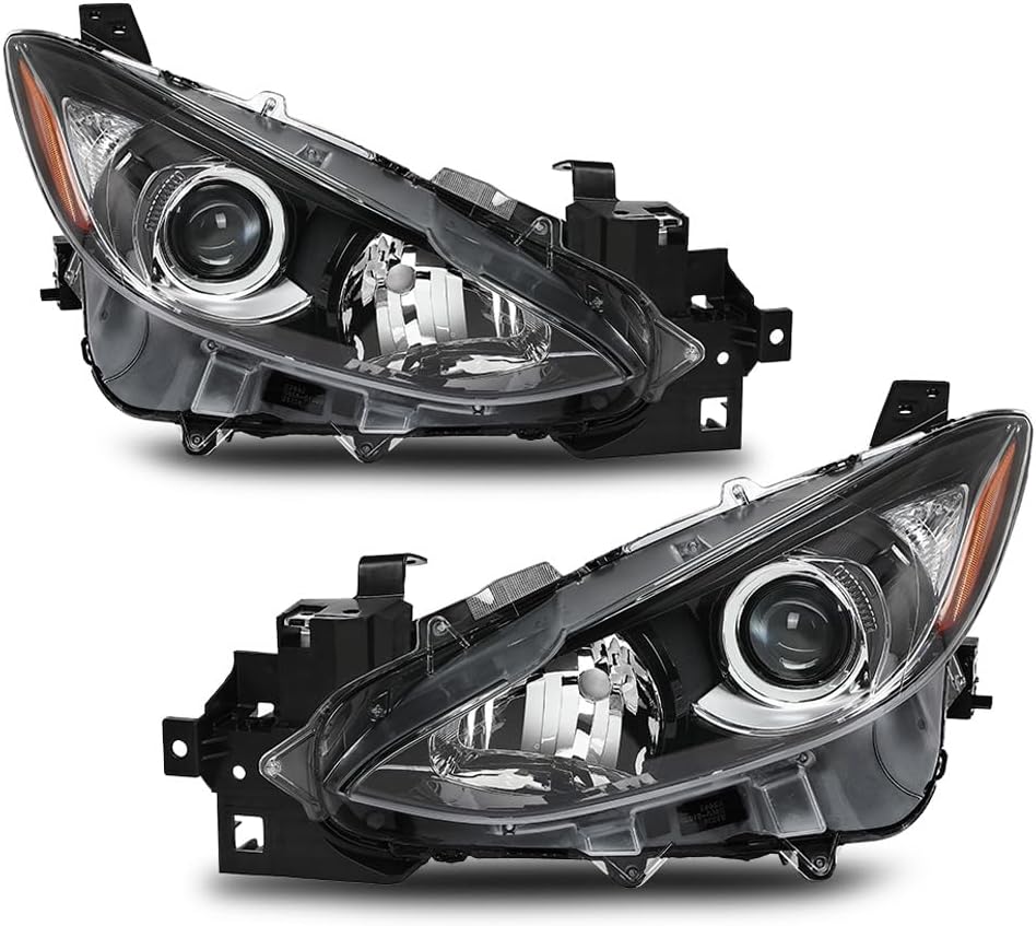 Projector Headlights Assembly Pair Compatible with Mazda 3 2014 2015 2016 Clear Lens Black Housing Amber Reflector Front Headlamp BPW1510K0 BPW1510L0 MA2503144 MA2502144