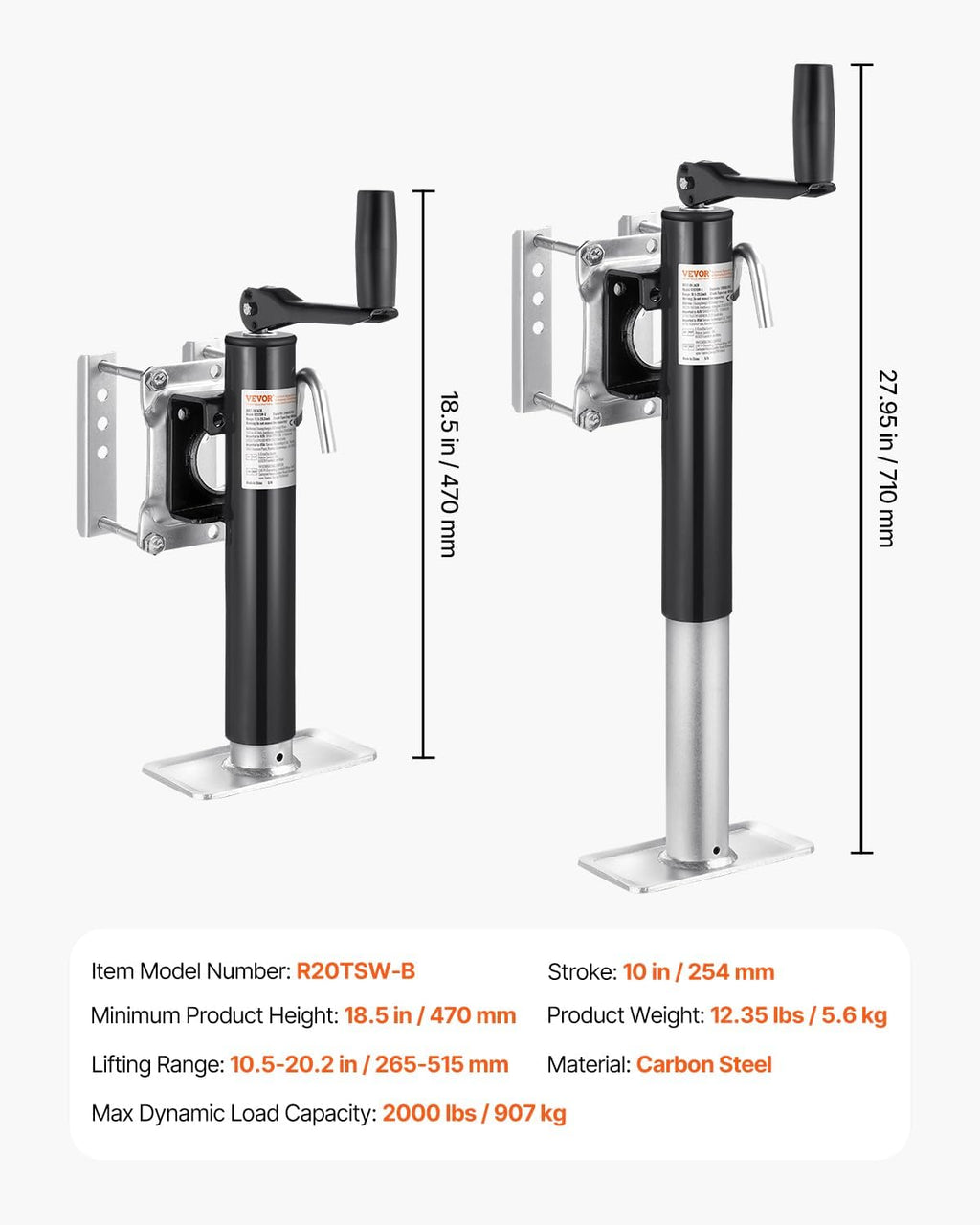 VEVOR Heavy Duty Trailer Jack, 2000 lbs Load Capacity, 10" Swivel Lift for RV, Horse, Utility & Yacht Trailers