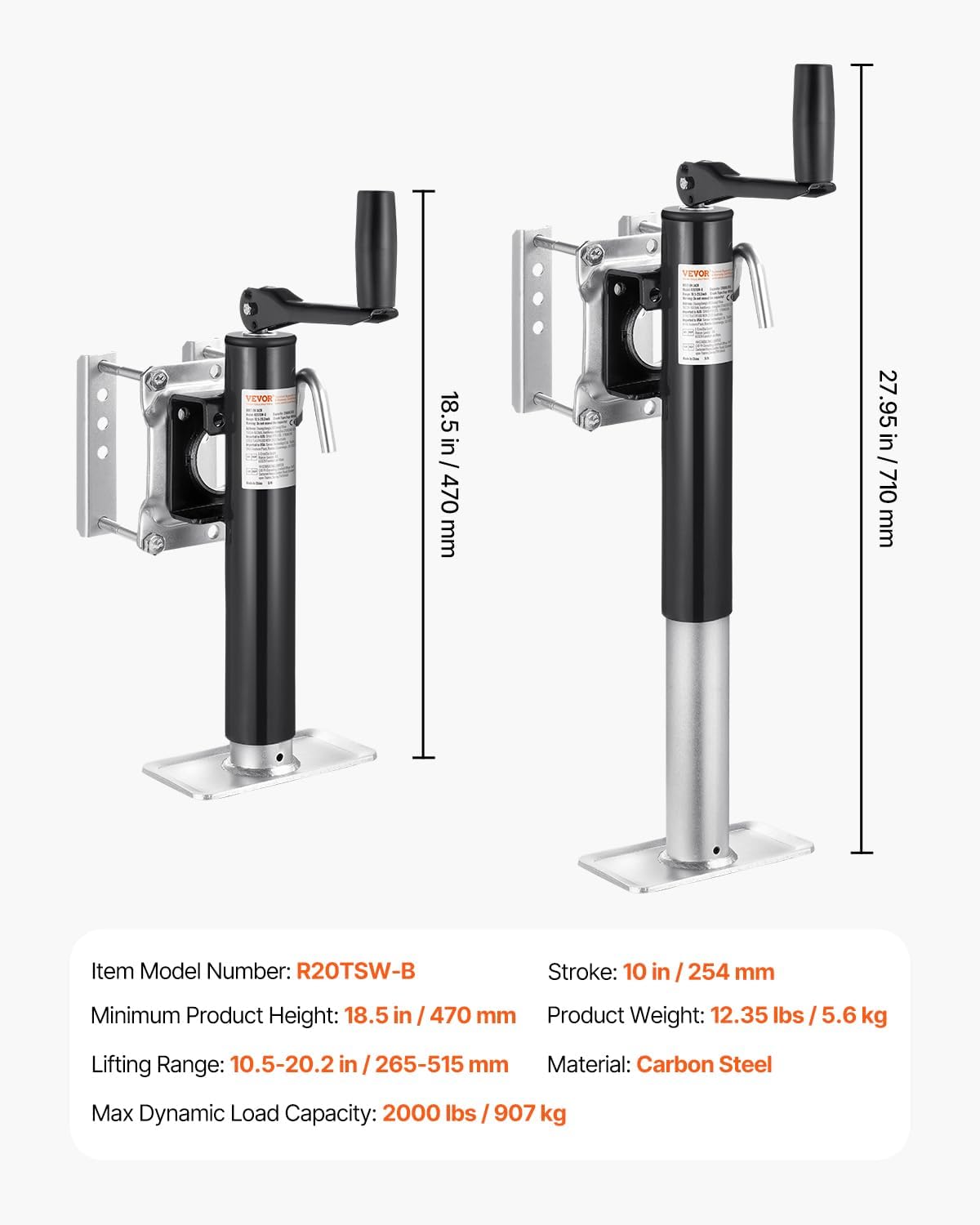 VEVOR Heavy Duty Trailer Jack, 2000 lbs Load Capacity, 10" Swivel Lift for RV, Horse, Utility & Yacht Trailers