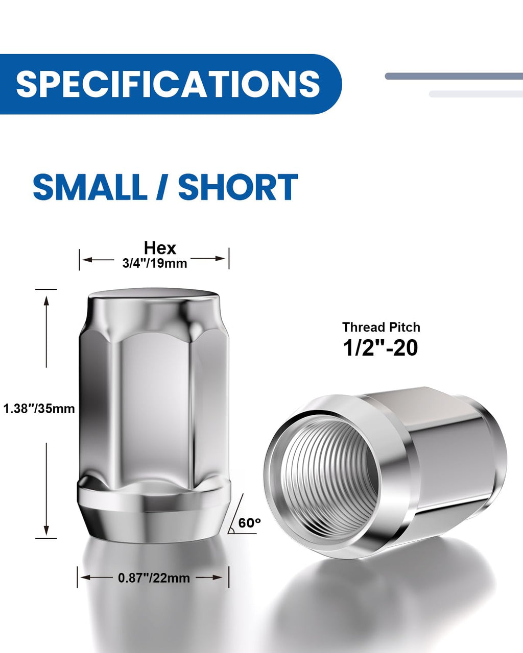 GAsupply 1/2x20 Lug Nuts 20pcs, Chrome 1/2''-20 Closed End Bulge Acorn Lug Nuts, 1.38" Tall 3/4" Hex, 60 Degree Conical/Cone Seat