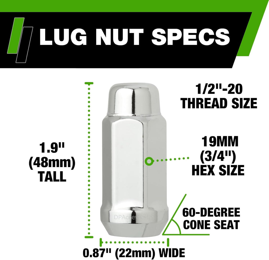 DPAccessories Chrome 1/2-20 Lug Nuts for Aftermarket Wheels - Closed End XL Bulge Acorn - 48mm (1.9") Tall - 19mm (3/4") Hex - Pack of 4 - D3312-2305/4