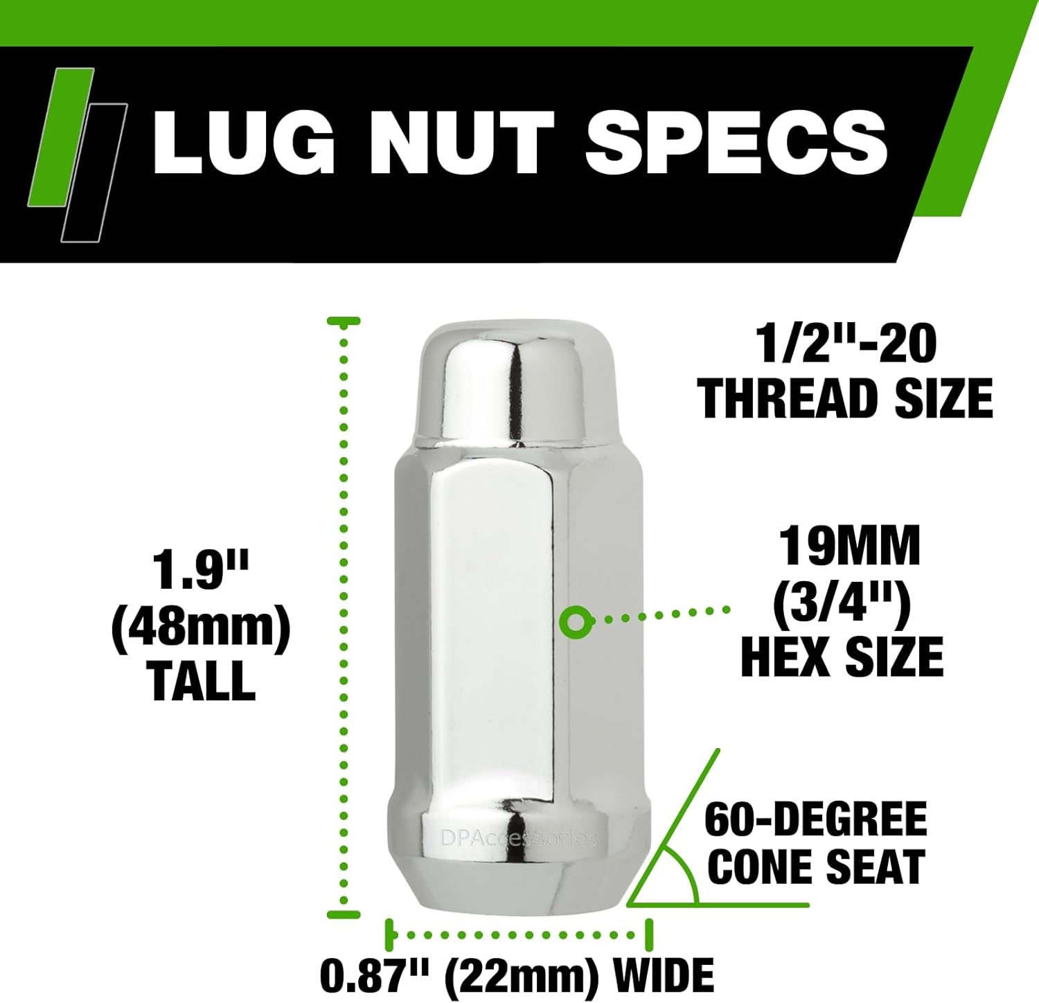 DPAccessories Chrome 1/2-20 Lug Nuts for Aftermarket Wheels - Closed End XL Bulge Acorn - 48mm (1.9") Tall - 19mm (3/4") Hex - Pack of 4 - D3312-2305/4