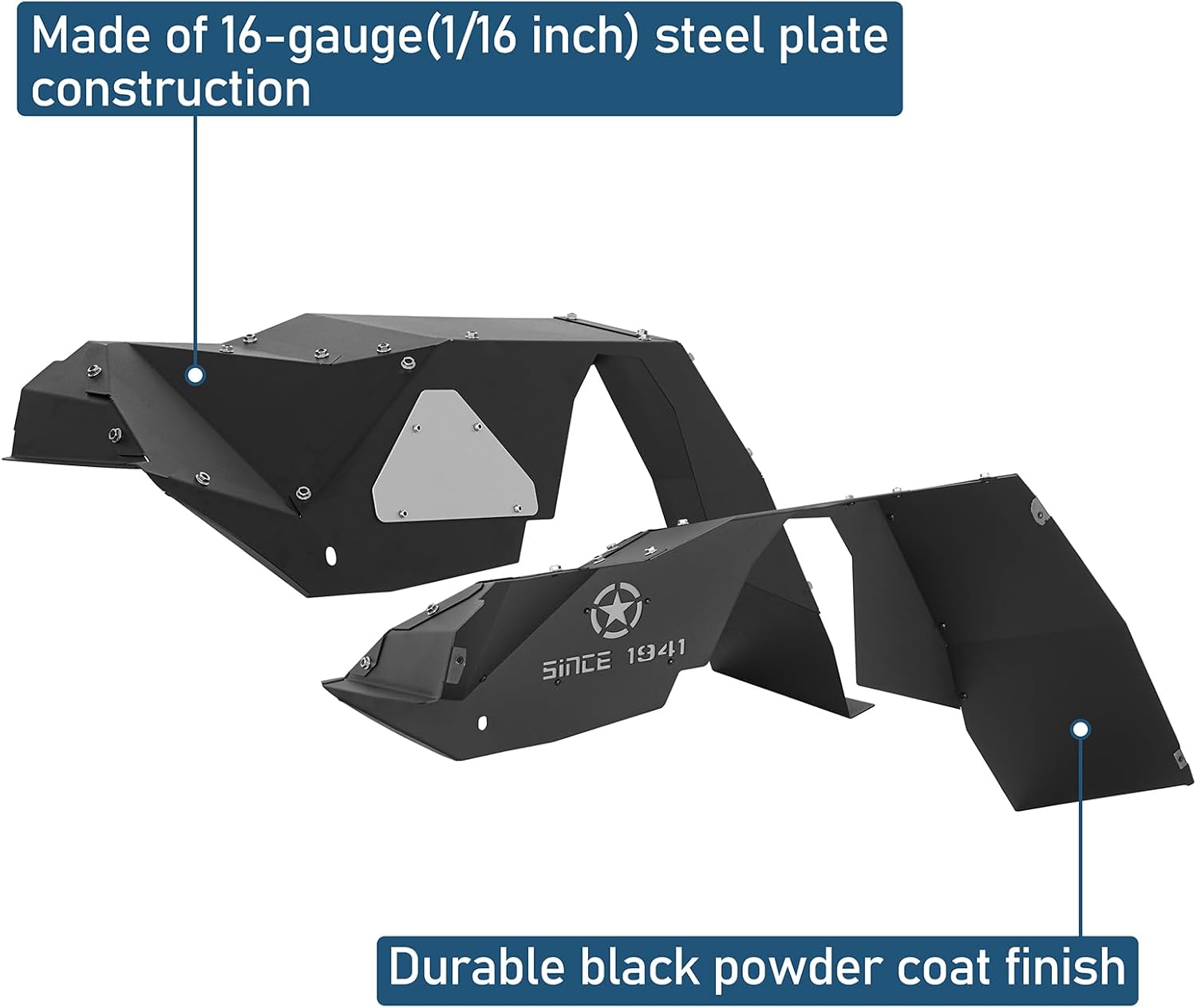 Hooke Road Wrangler YJ Front Inner Fender Liners for Jeep Wrangler YJ 1987-1995, Steel Black Front Wheel Well Liner Splash Mud Guards - 2PCS