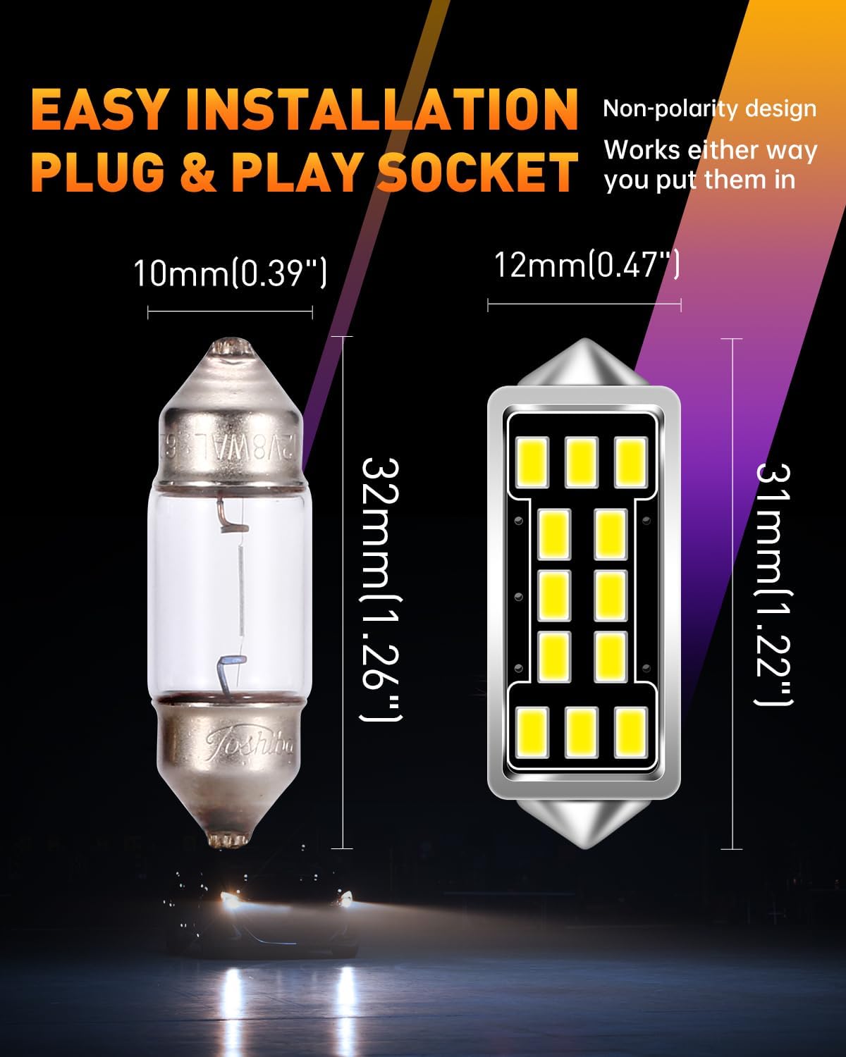 DE3175 DE3021 LED Dome Light Bulbs 640 Lumens Extremely Bright 3020 12-EX Chipsets 1.25 inches 31mm DE3022 3175 LED Bulbs for Interior Map Door Lights,Xenon White，Pack of 2