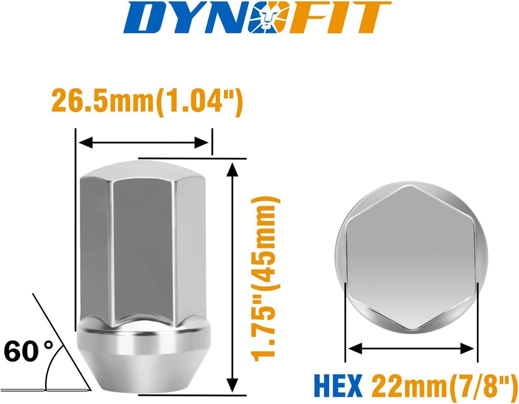 dynofit 24pcs 14x1.5 OEM Lug Nuts Compatible with Chevy Ford Ram GMC,1.75 inch Height 7/8" Hex(22mm), One-Piece Design Factory Chrome Wheel Nuts for Silverado 1500 Tahoe F150 Buick Dodge Cadillac
