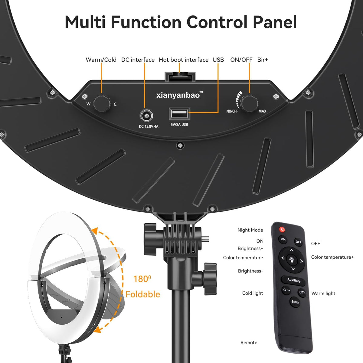 18 inch ring light kit, 55w6700k dimmable led showing dimensions