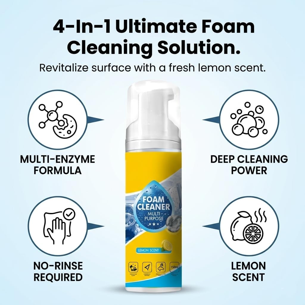 5.3oz Foam No Rinse Cleanser, Limpiador Espuma Multiusos Spray, 4-in-1 Multi-Enzyme Foam Cleaner for Car Seat, Powerful &Multipurpose Car Interior Foam Cleaner, for Kitchen, Bathroom & Sofa (2pc)