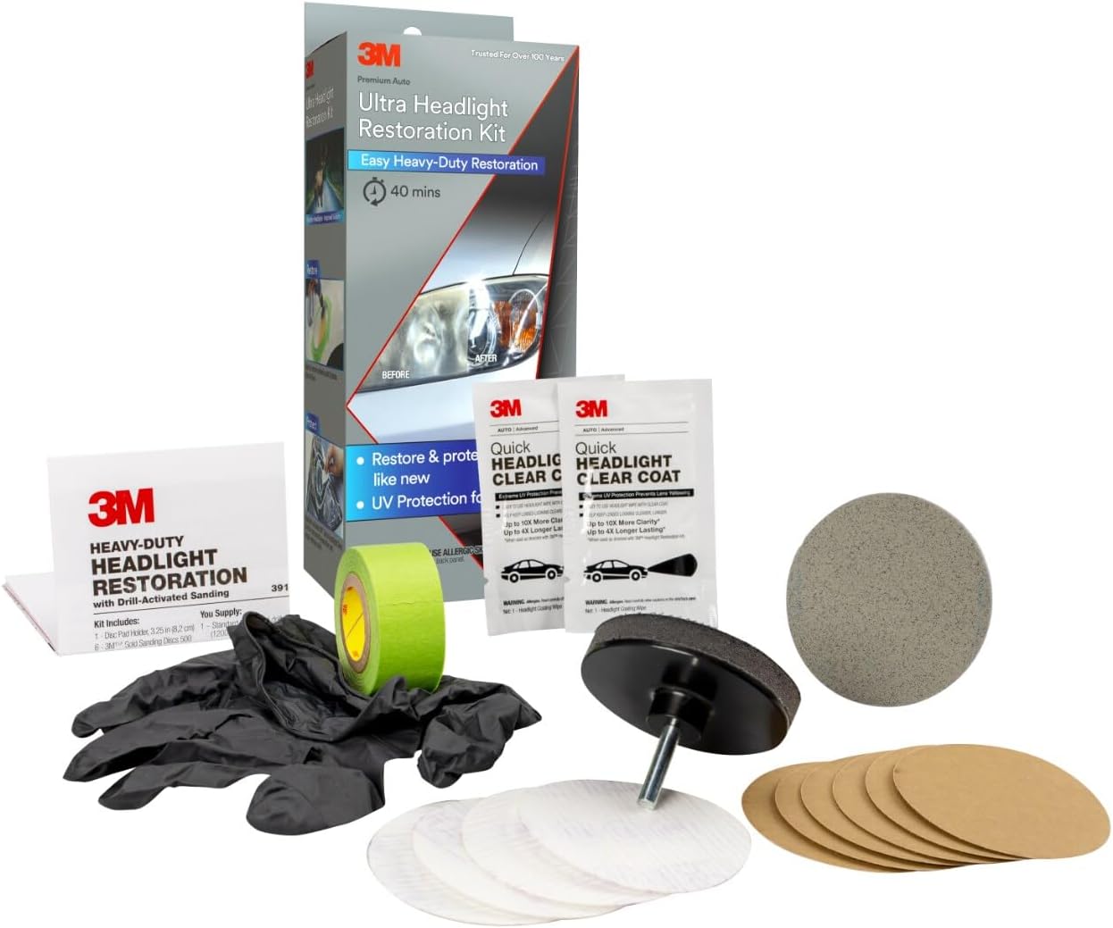 3M Ultra Headlight Restoration Kit 39195, 2 Pack (2 Kits), Removes Cloudy Yellowed Haze, 500/800/3000 Grit Sanding Discs + Clear Coat, For Plastic Lenses