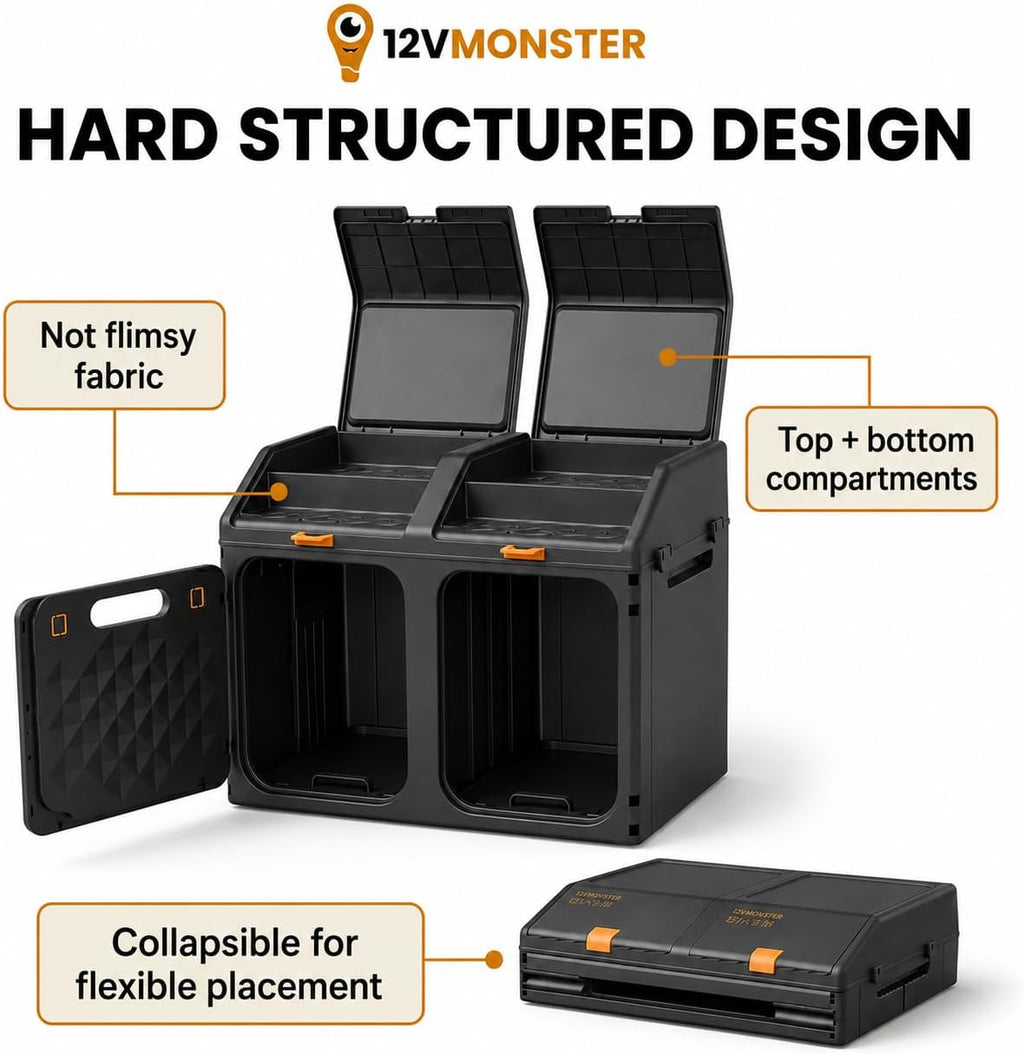 Hard Shell Trunk Organizer for SUV, Foldable Car Storage Box with 2 Compartments, Collapsible Cargo Organizer with Lid & Side Handles for Road Trips, Shoes, Groceries, Sports Gear, Garage Storage