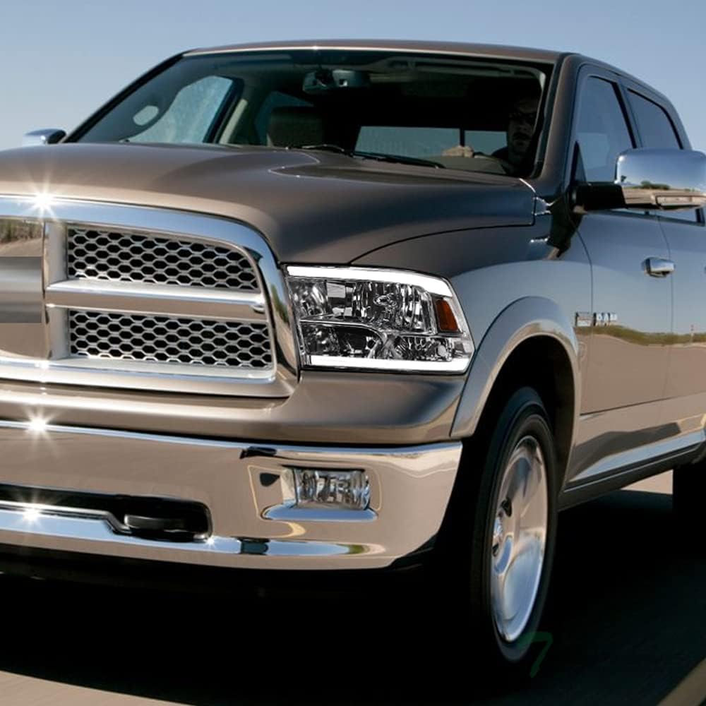 DRL LED Strip Tube Bar Chrome Housing Crystal Headlights Signal Lamps Amber Reflector nb Compatible With 09-18 Dodge Ram 1500/19-24 Classic / 10-18 2500 3500