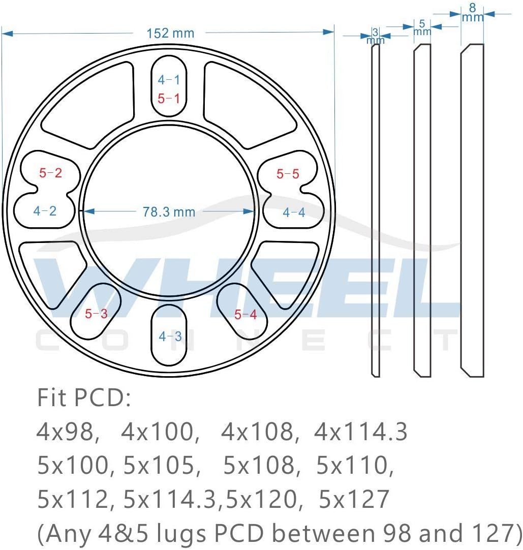 WHEEL CONNECT Universal Wheel Spacer,5mm Thickness(3/16inch),Fit Bolt Pattern 4x98, 4x100, 4x108, 4x114.3, 5x100, 5x105,5x108, 5x110, 5x112, 5x114.3,5x120, Cast Aluminum, Pack of 2.