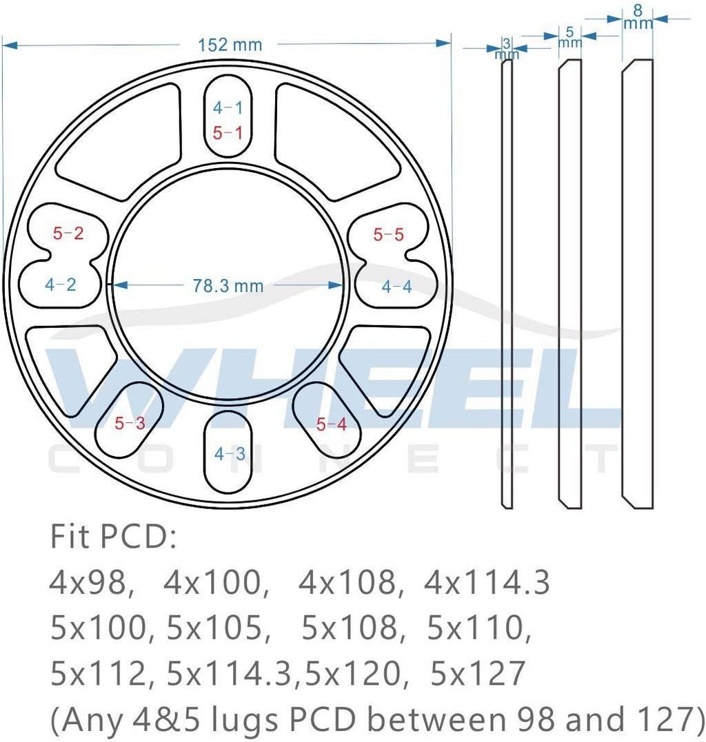WHEEL CONNECT Universal Wheel Spacer,3mm Thickness(1/8inch),Fit Bolt Pattern 4x98, 4x100, 4x108, 4x114.3, 5x100, 5x105,5x108, 5x110, 5x112, 5x114.3,5x120, Cast Aluminum, Pack of 2.