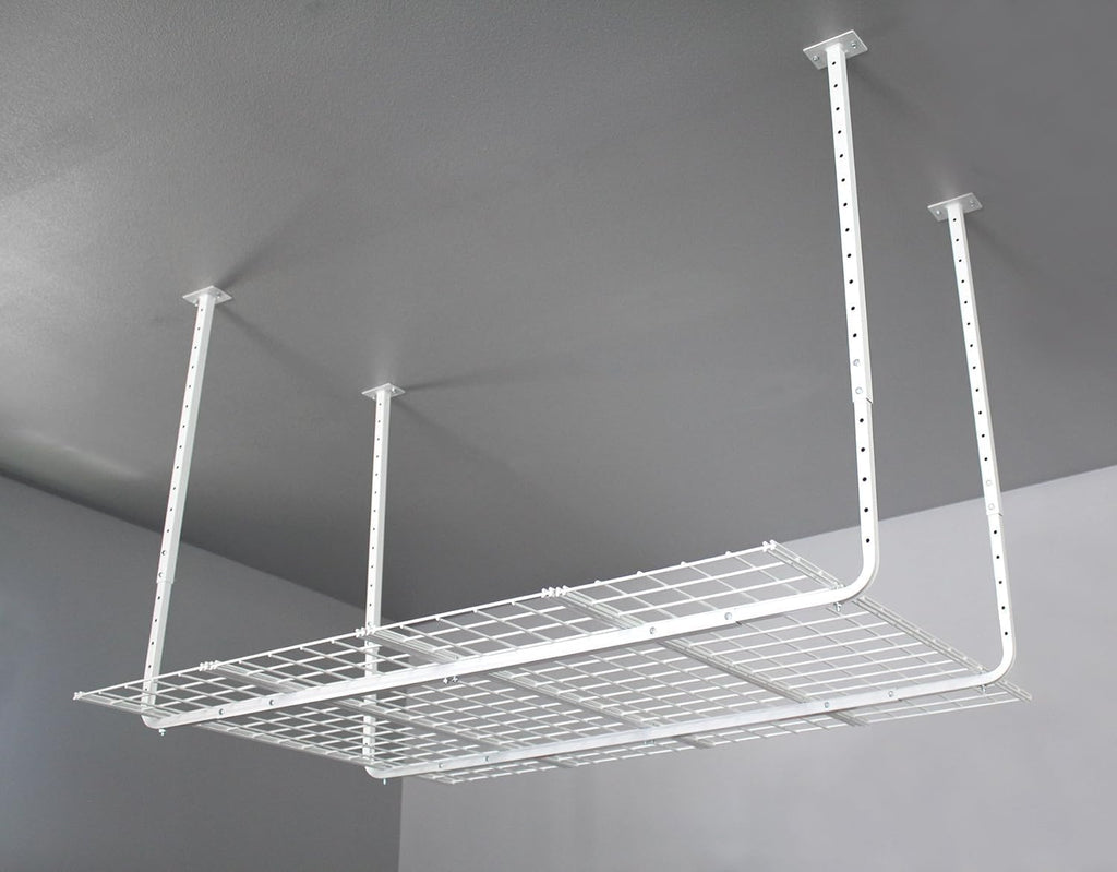 ceiling mounted adjustable shelf in white, side view