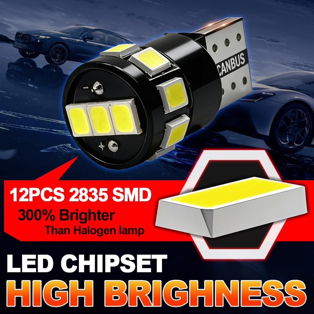T10 194 LED Bulbs 6-Pack for Dodge Grand Caravan 1991-2014 – Super Bright 6000K for Glove Box, License Plate & Step Courtesy Light, W5W Wedge Replacement