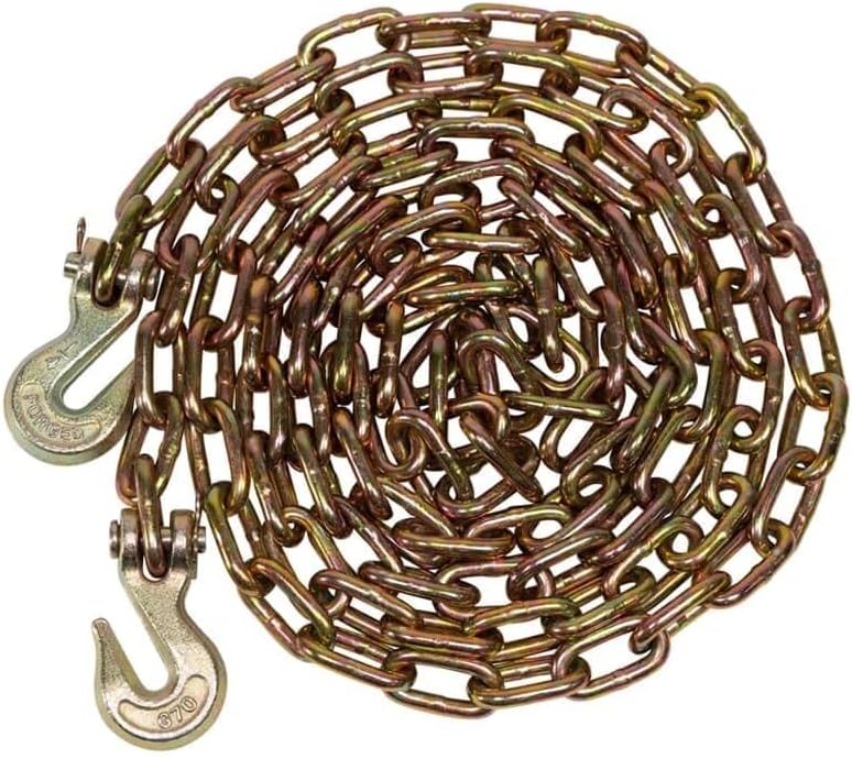 Mytee Products 1/4" x 12' Transport Binder Chain Grade 70 with Grab Hook - 3150 LBS WLL Transport Binder Tow Chain with Hooks - Towing Equipment - Gold Chromate