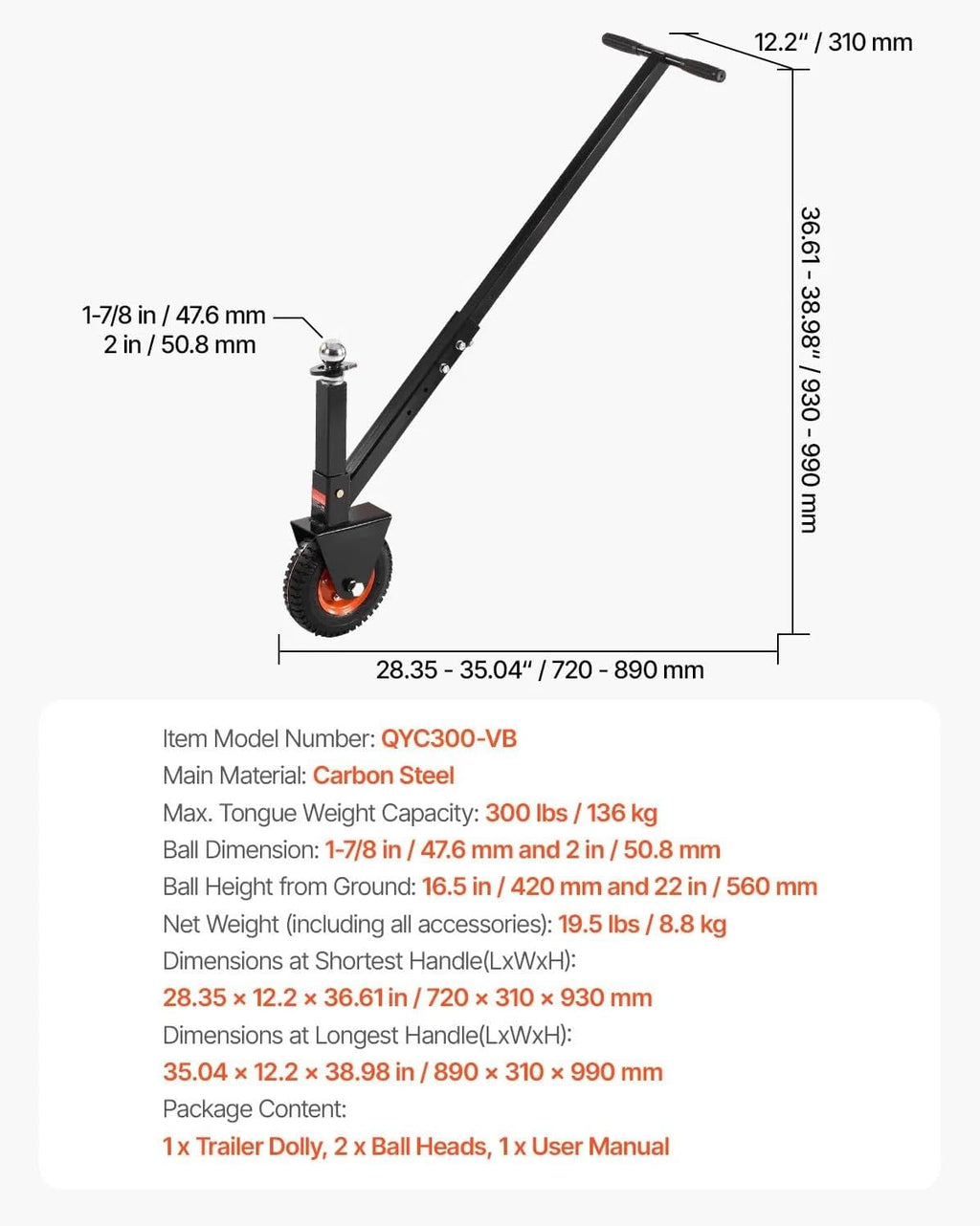 300 Lbs Tongue Weight Adjustable Trailer Dolly, 16.5-22 Inch Height Adjustment with 1-7/8 Inch & 2 Inch Balls, 8.5 Inch Pneumatic Rubber Tire for RV Trailers