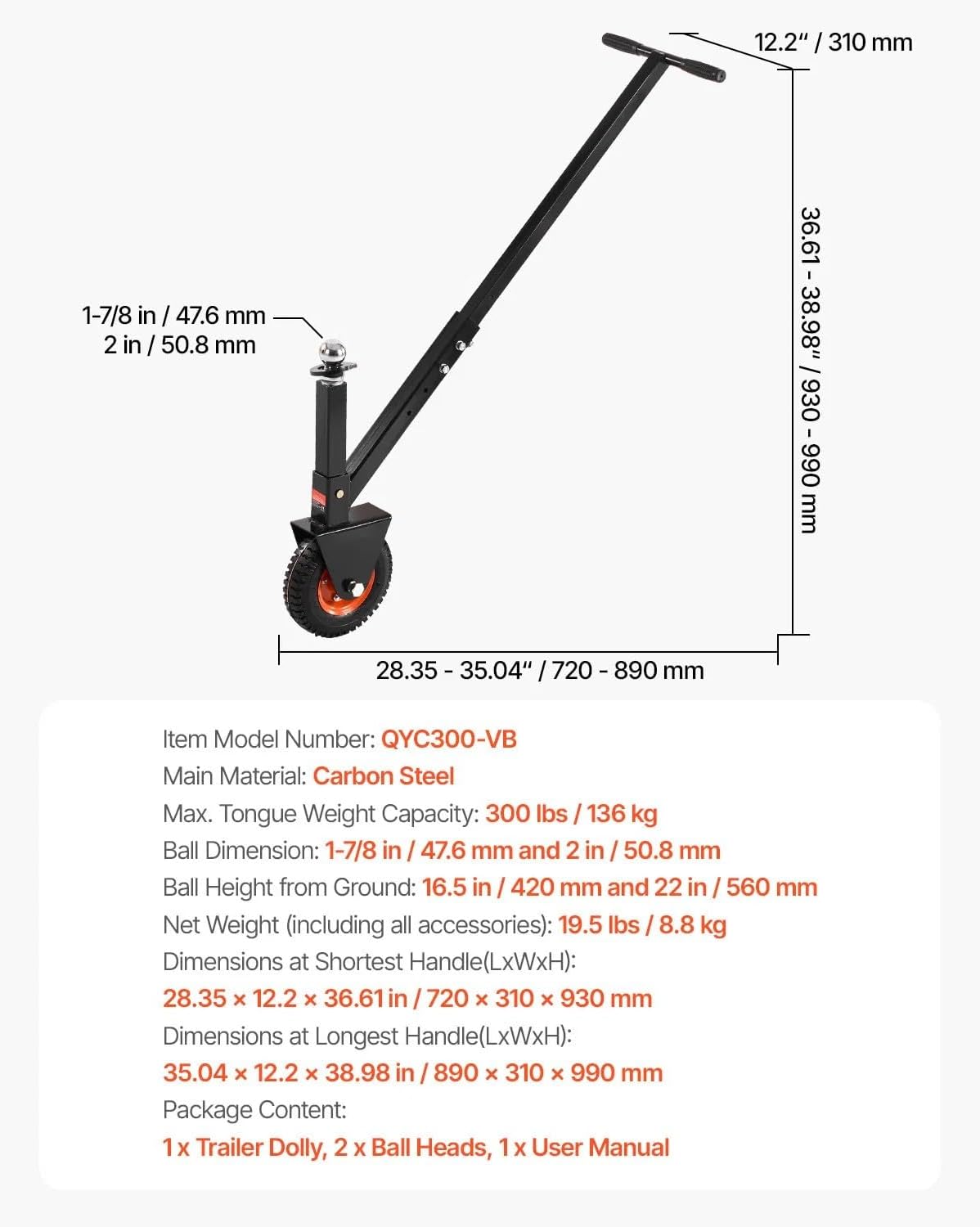 300 Lbs Tongue Weight Adjustable Trailer Dolly, 16.5-22 Inch Height Adjustment with 1-7/8 Inch & 2 Inch Balls, 8.5 Inch Pneumatic Rubber Tire for RV Trailers