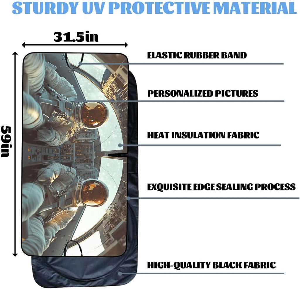 Astronaut Car Front Window Sun Shield, 59" L x 31.5" W, Universal Fit, Polyester, Blocks 99% Light & Heat, Protects Interior, Easy Install & Store