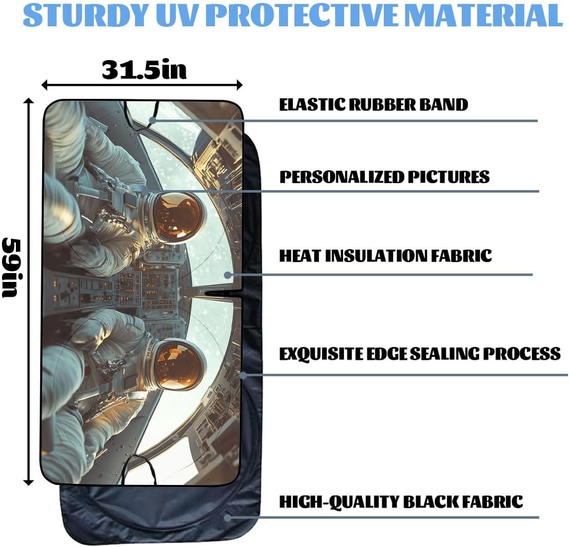 Astronaut Car Front Window Sun Shield, 59" L x 31.5" W, Universal Fit, Polyester, Blocks 99% Light & Heat, Protects Interior, Easy Install & Store