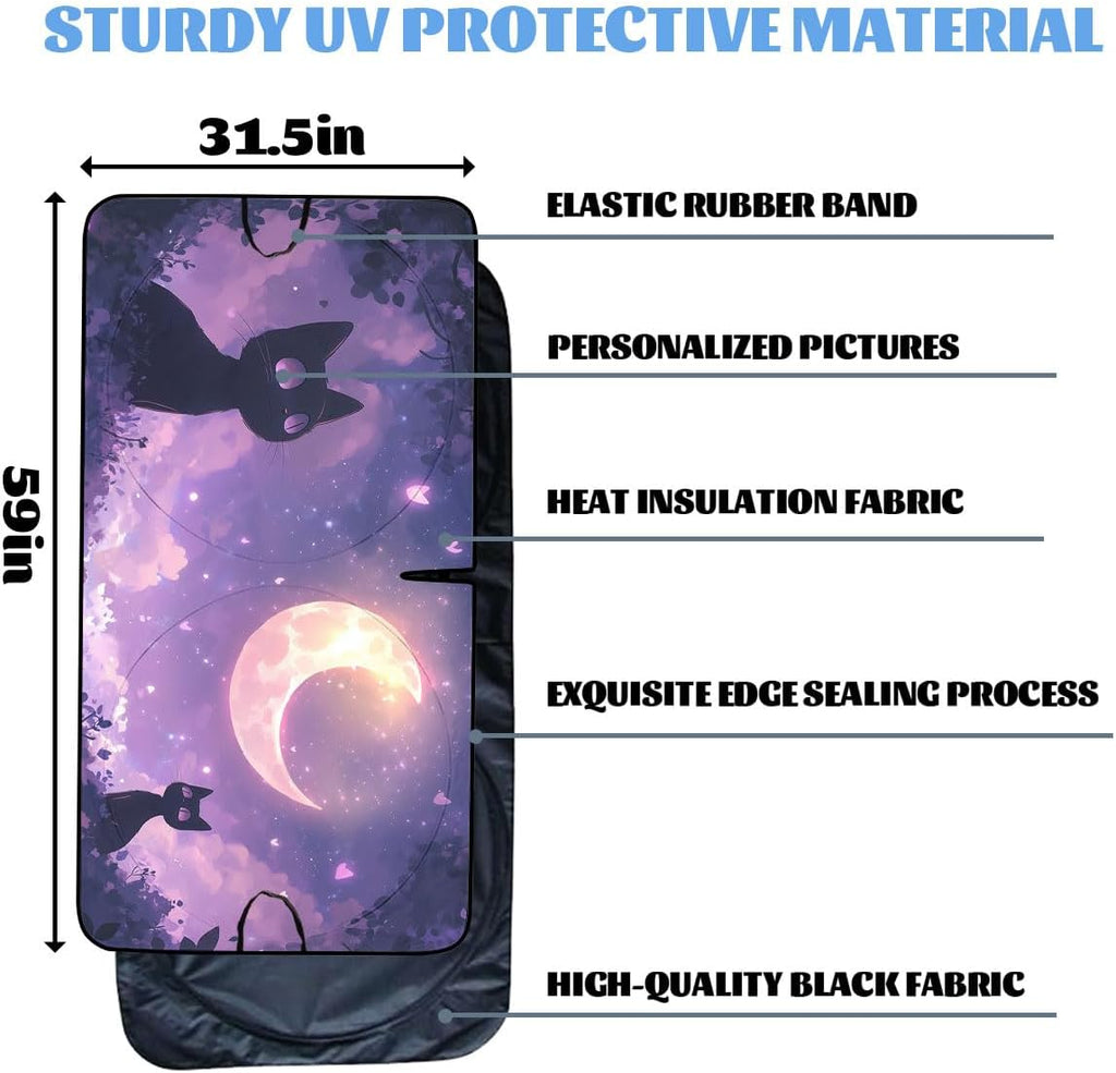 Black Kitten Car Front Window Sun Shield Crescent Moon Purple Sky Stars Windshield Sun Shade Visor Protector for Car Sedan Truck SUV Accessories 59" L x 31.5" W