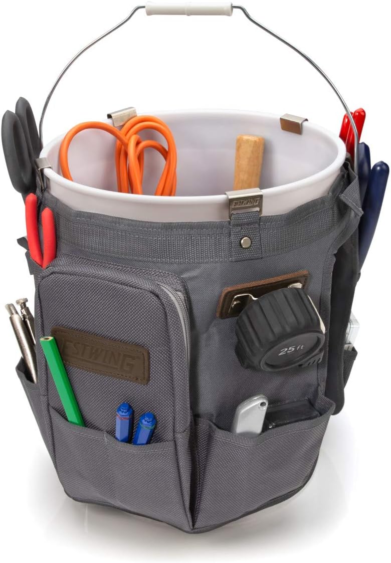 estwing 28-compartment 5-gallon bucket tool organizer/tool bag, durable, close-up detail