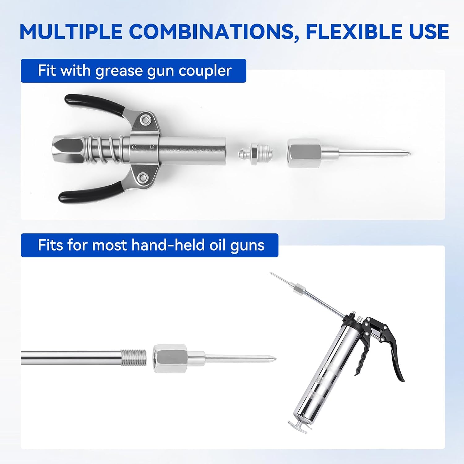 Grease Gun Tips，Grease Gun Fittings，Grease Gun Coupler，90 Degree Grease Gun Coupler，Grease Gun Hose，Zerk Fitting Cleaner，Grease Needle Nozzles，Grease Filling Nozzle and Grease Tip