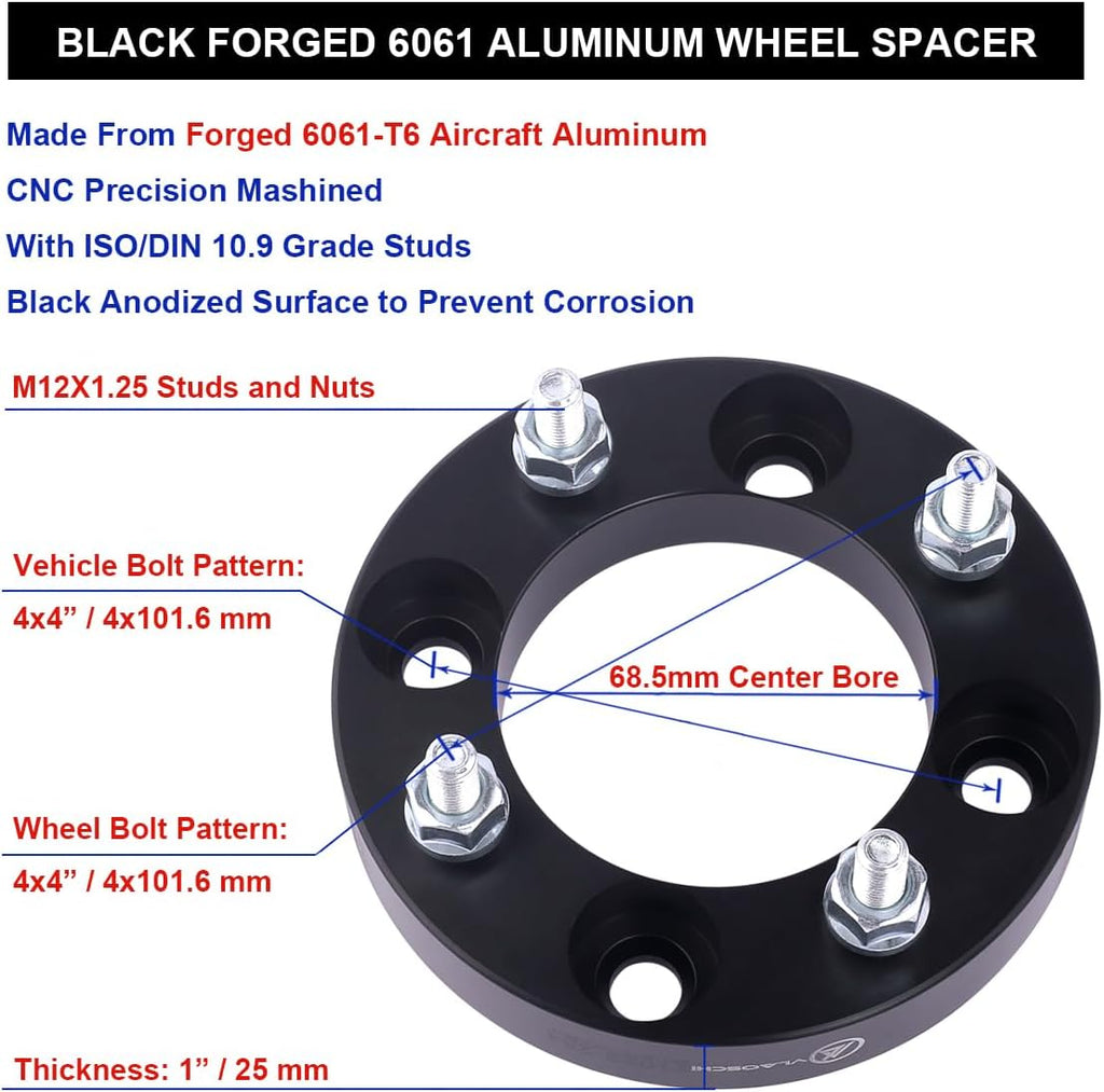 Black Forged 4x4 Wheel Spacers 1 Inch with M12x1.25 Studs Compatible with Yamaha Golf Cart (4x101.6 Bolt Pattern 68.5mm Center Bore) - Pack of 4