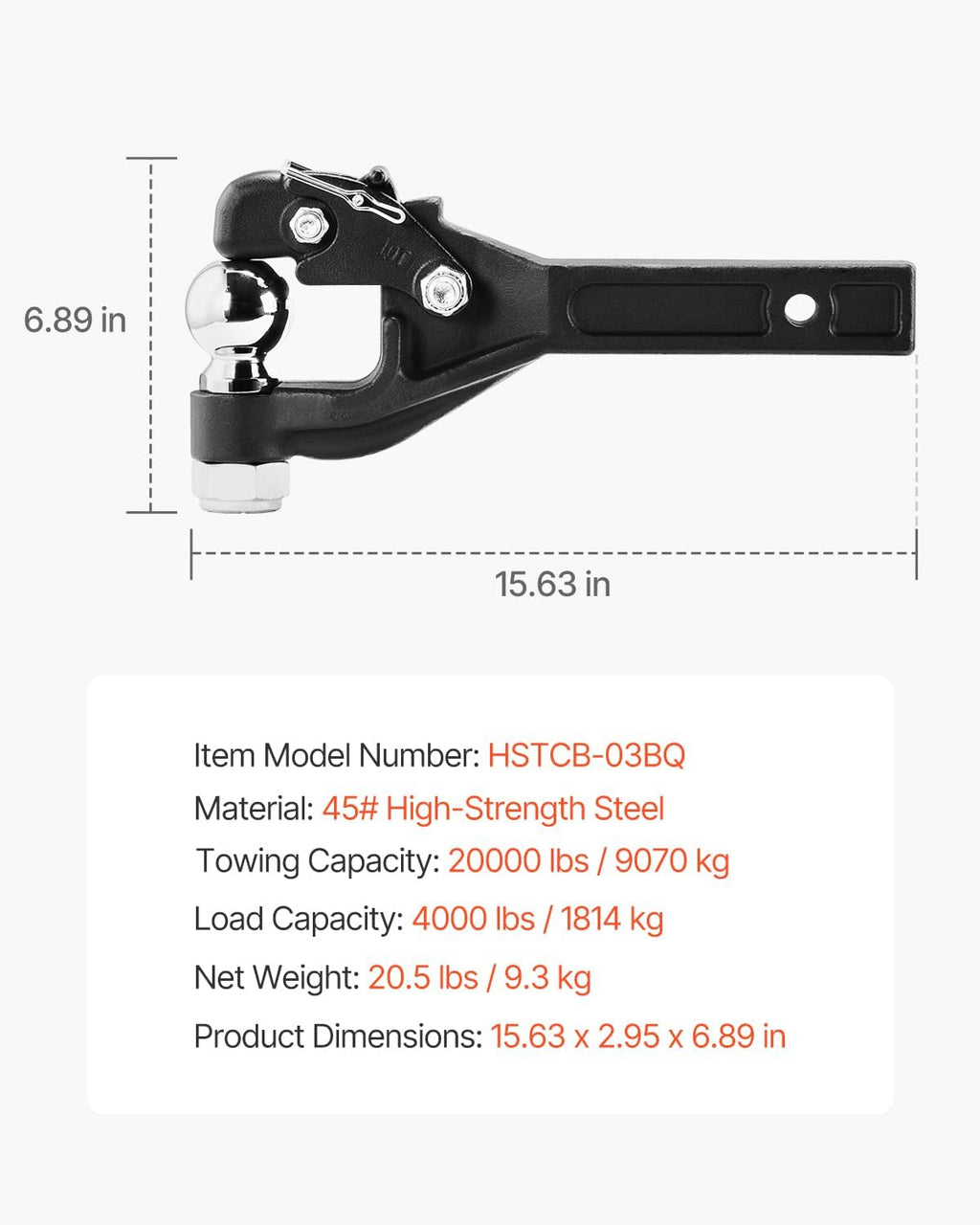VEVOR Pintle Hook, 20000 lbs, Pintle Hook Hitch for 2/2.5-inch Hitch Hook Military Receiver, Combination 2-5/16-inch Hitch Ball, Fits 2.5 to 3-inch Lunette Ring, 15.6-inch Length, Black Powder Coat