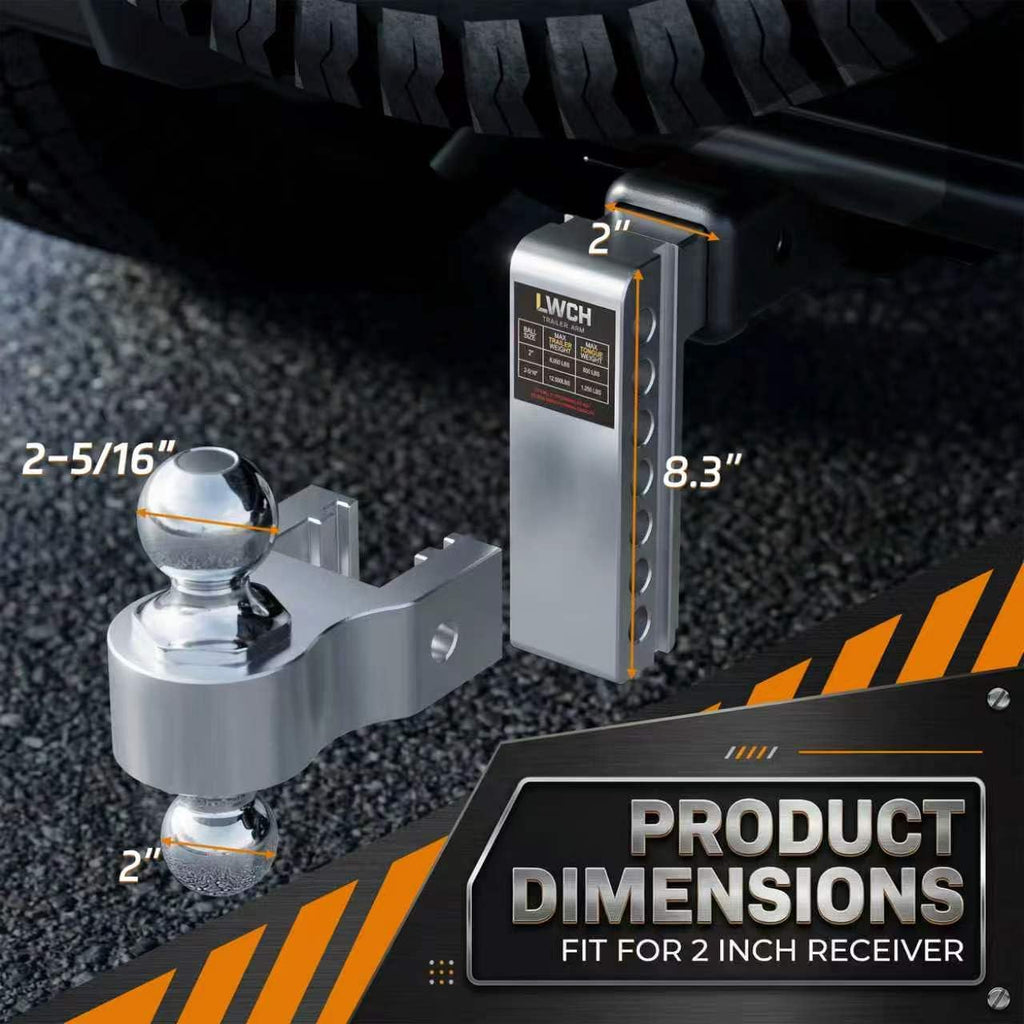 Adjustable Trailer Hitch, Fit 2 Inch Receiver, 12,500 LBS GTW, Heavy Duty Aluminum Drop Hitch with 2" & 2-5/16" Chrome Plated Steel Ball Mounts for Trucks, 6 Inch Drop/Rise, 2 Anti-Theft Pins