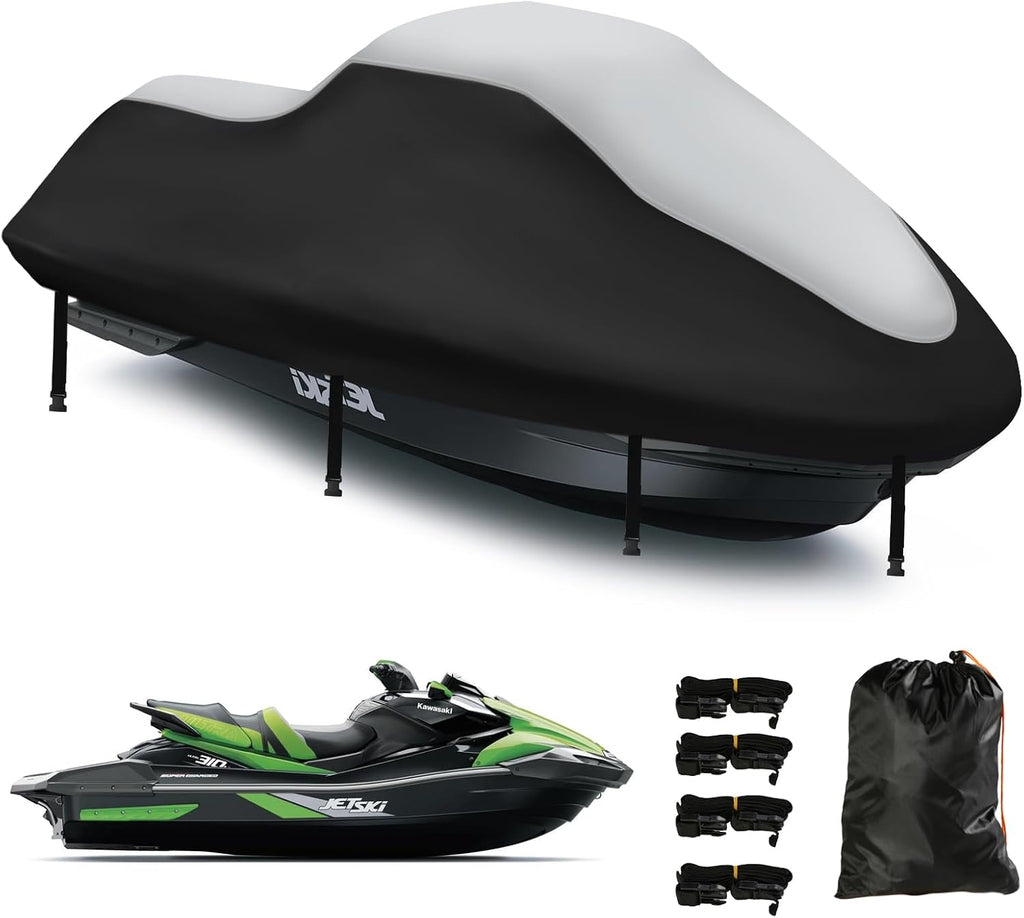 Jet Ski Cover 3 Seater,Upgraded 420D Heavy Duty Waterproof Waverunner Cover,2 Air Vent Marine Grade UV Resistant for Waverunner Polaris from 116" to 125"(Silver Black)